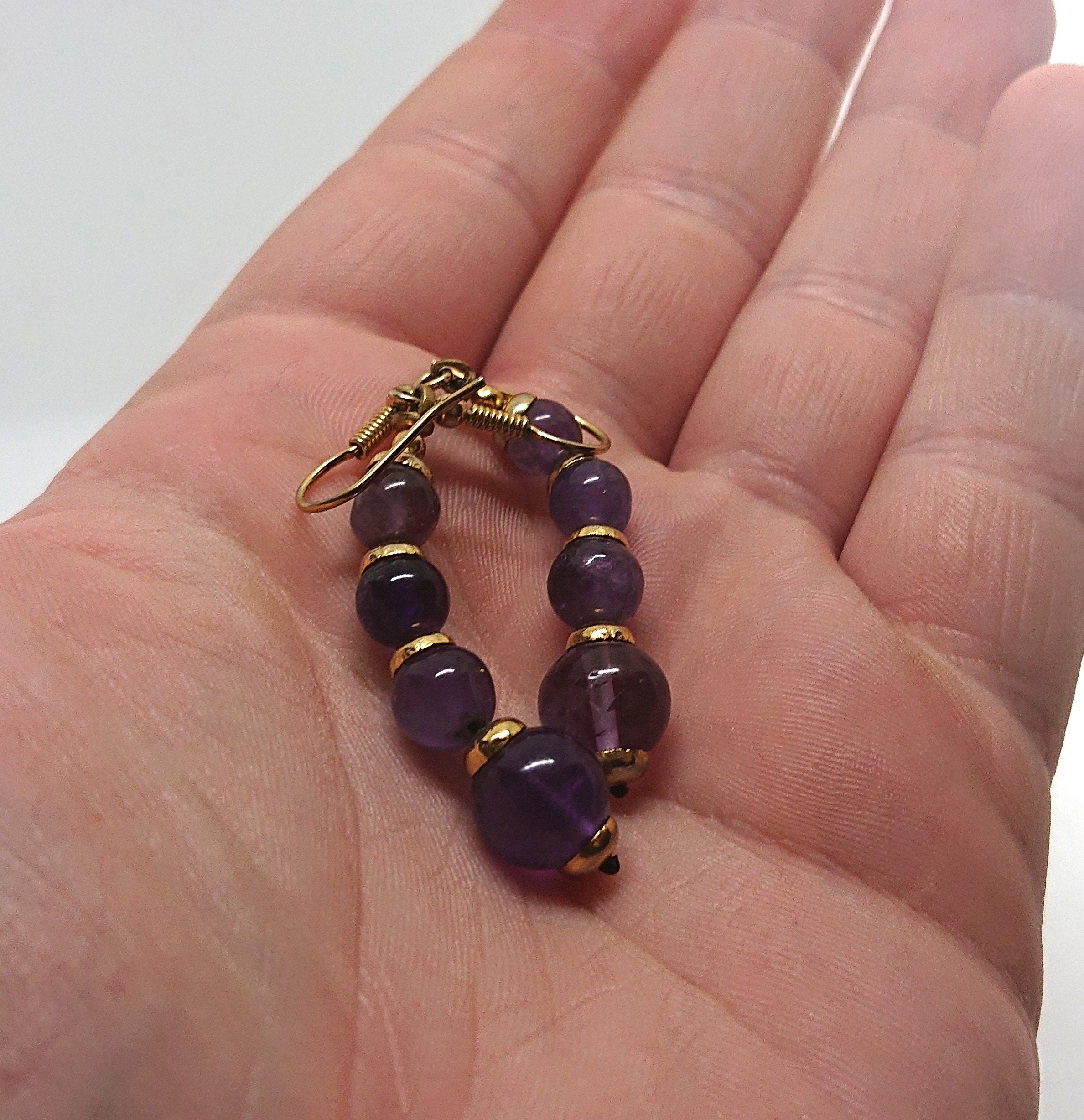Purple Glass Bead Earrings Dangle Drop Amethyst Coloured Vintage Gold Tone Metal Ear Wire Costume Jewellery Jewelry
