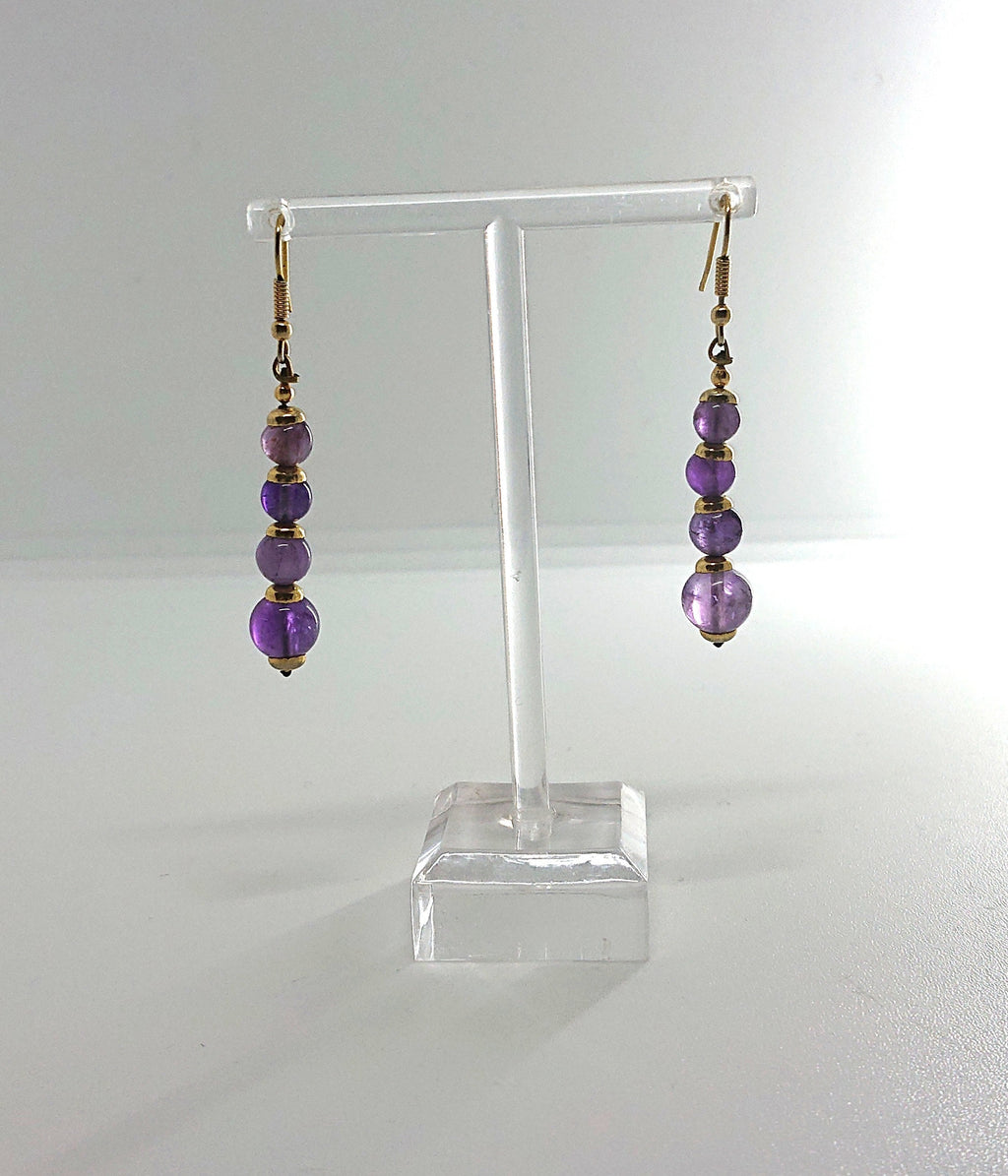 Purple Glass Bead Earrings Dangle Drop Amethyst Coloured Vintage Gold Tone Metal Ear Wire Costume Jewellery Jewelry