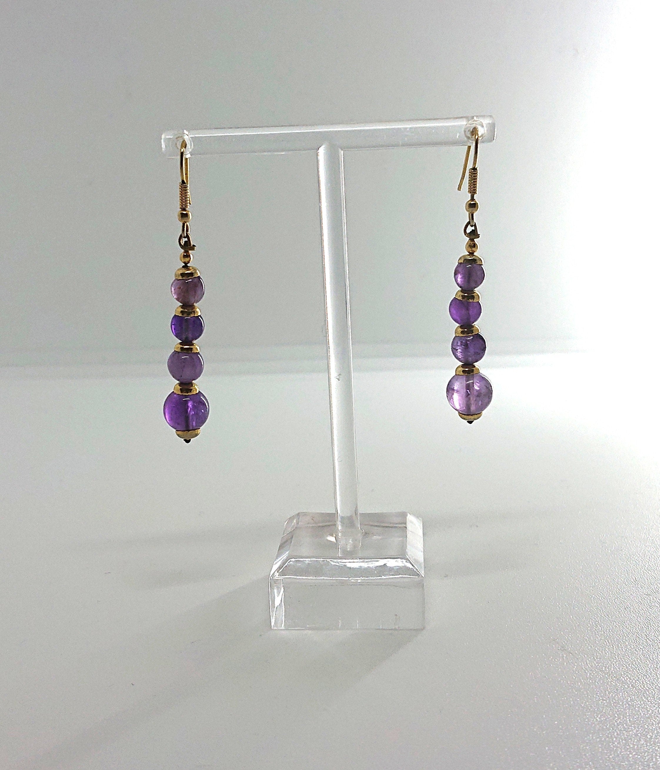 Purple Glass Bead Earrings Dangle Drop Amethyst Coloured Vintage Gold Tone Metal Ear Wire Costume Jewellery Jewelry