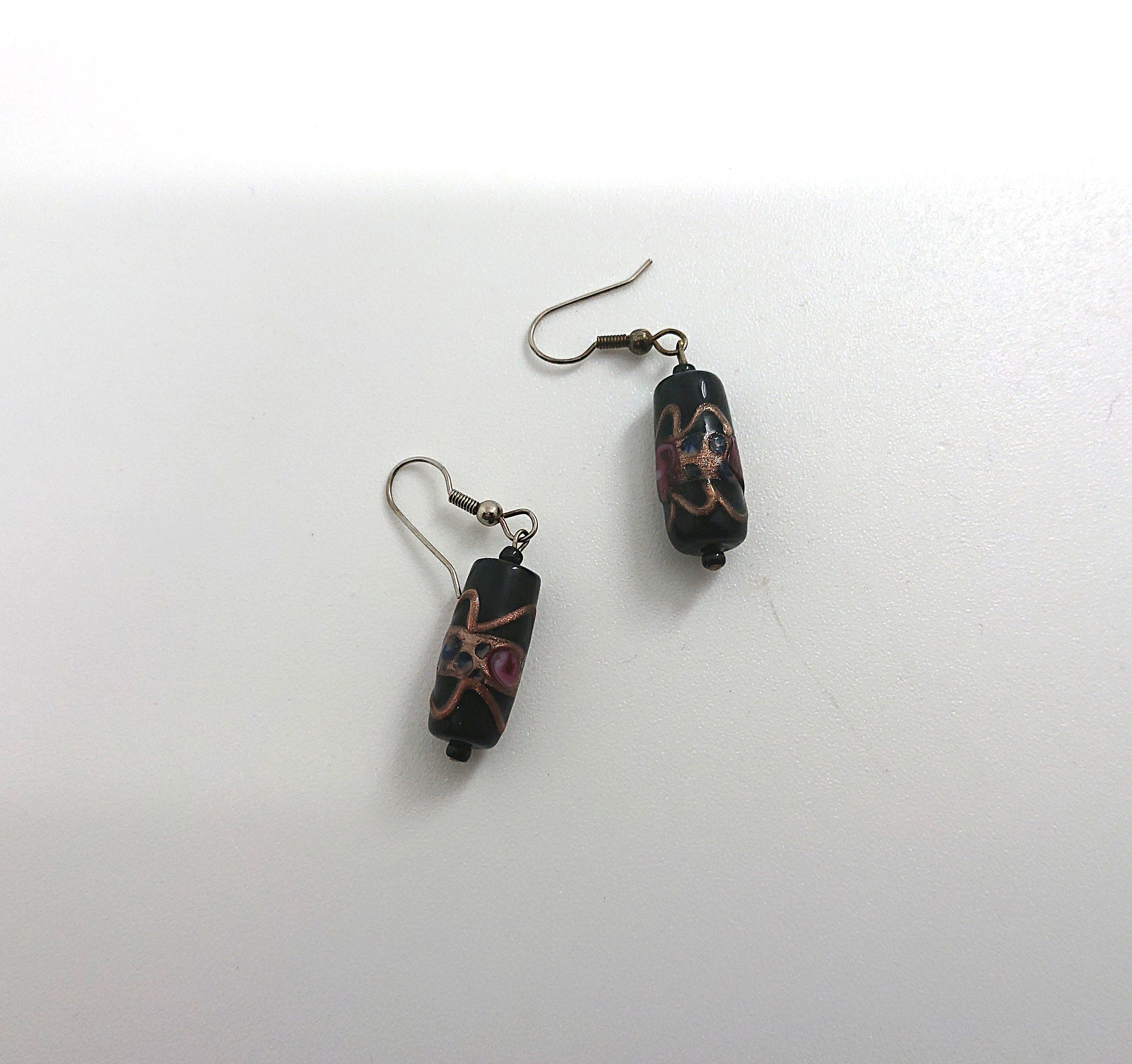Vintage Glass Black, Pink and Gold Earrings Dangle Drop Hook Earrings Costume Jewellery Jewelry Gold, Black Hand Made Earrings