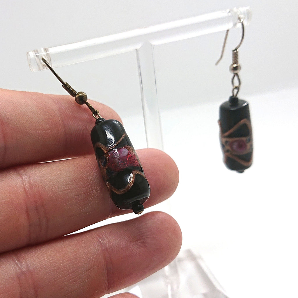 Vintage Glass Black, Pink and Gold Earrings Dangle Drop Hook Earrings Costume Jewellery Jewelry Gold, Black Hand Made Earrings