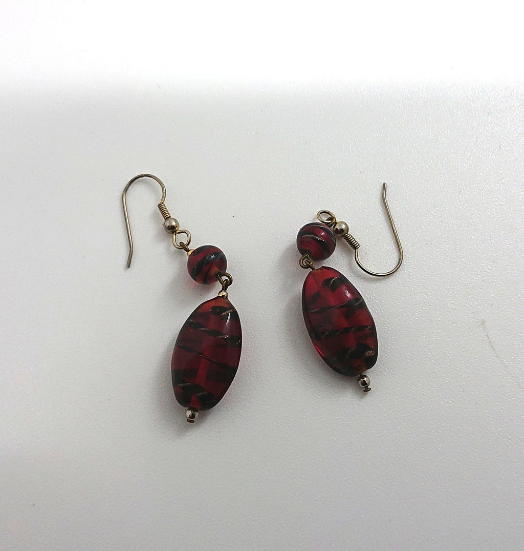 Glass Earrings Vintage Red and Black Striped Dangle Drop Costume Jewellery Jewelry