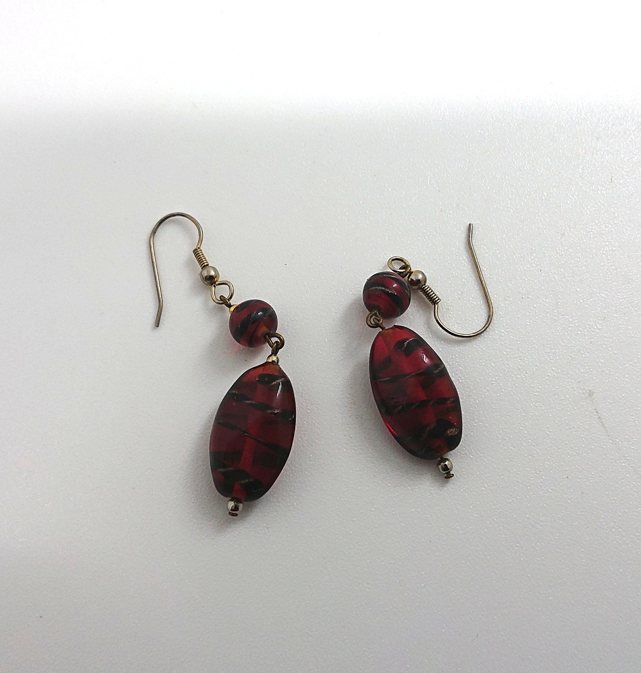 Glass Earrings Vintage Red and Black Striped Dangle Drop Costume Jewellery Jewelry