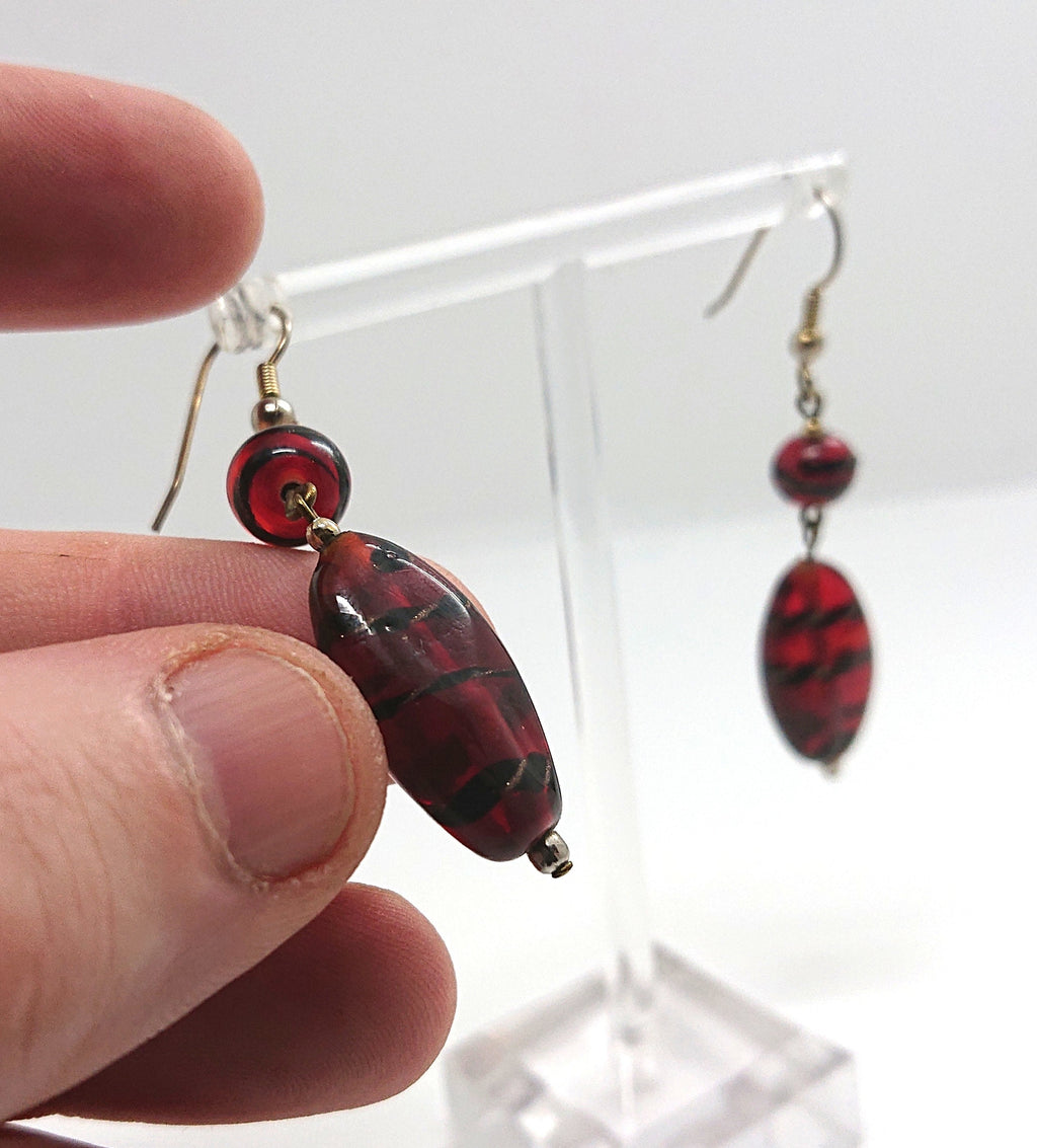 Glass Earrings Vintage Red and Black Striped Dangle Drop Costume Jewellery Jewelry