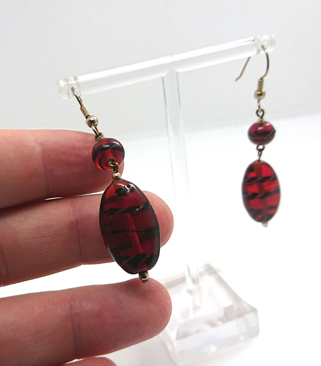 Glass Earrings Vintage Red and Black Striped Dangle Drop Costume Jewellery Jewelry