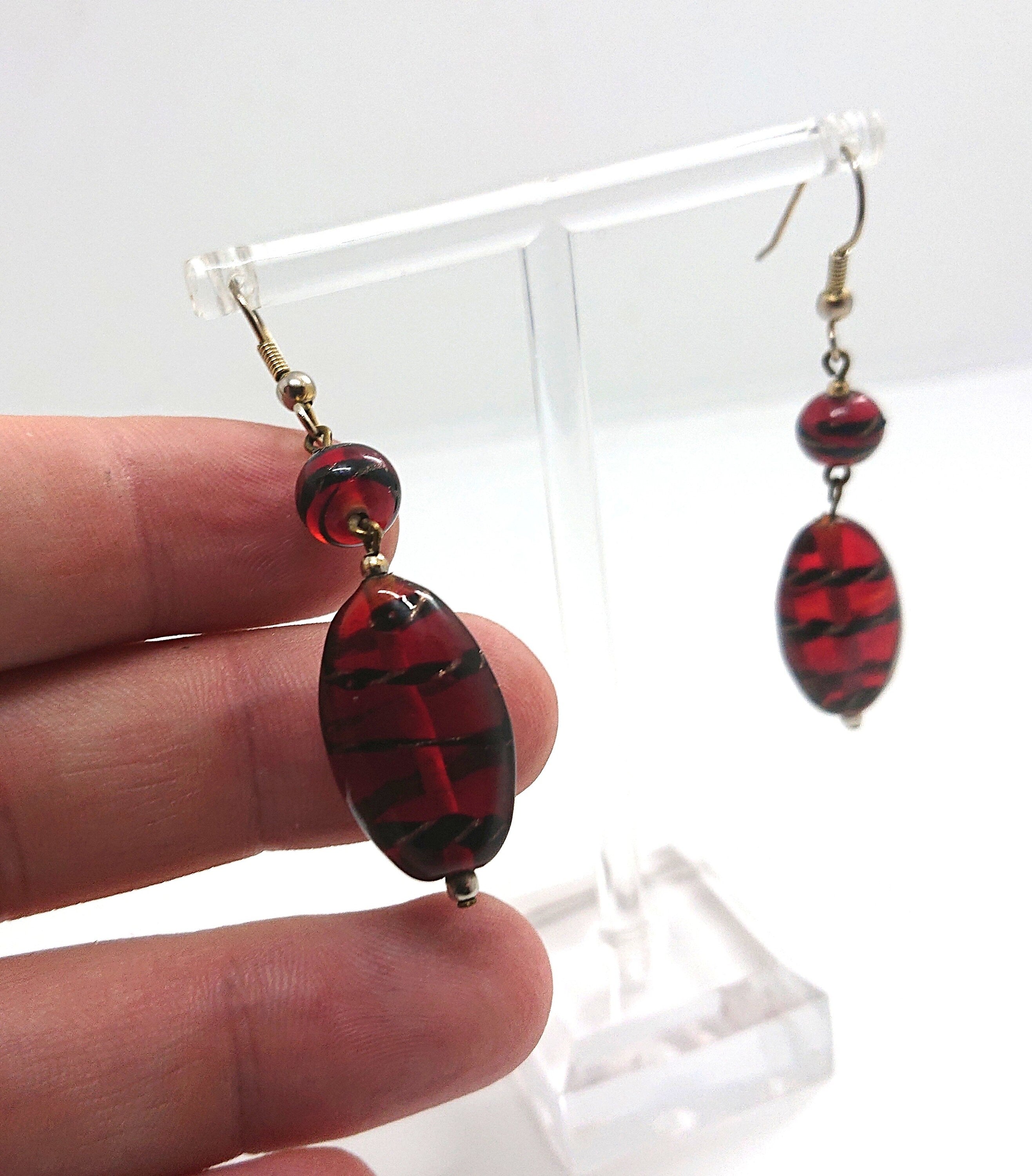 Glass Earrings Vintage Red and Black Striped Dangle Drop Costume Jewellery Jewelry