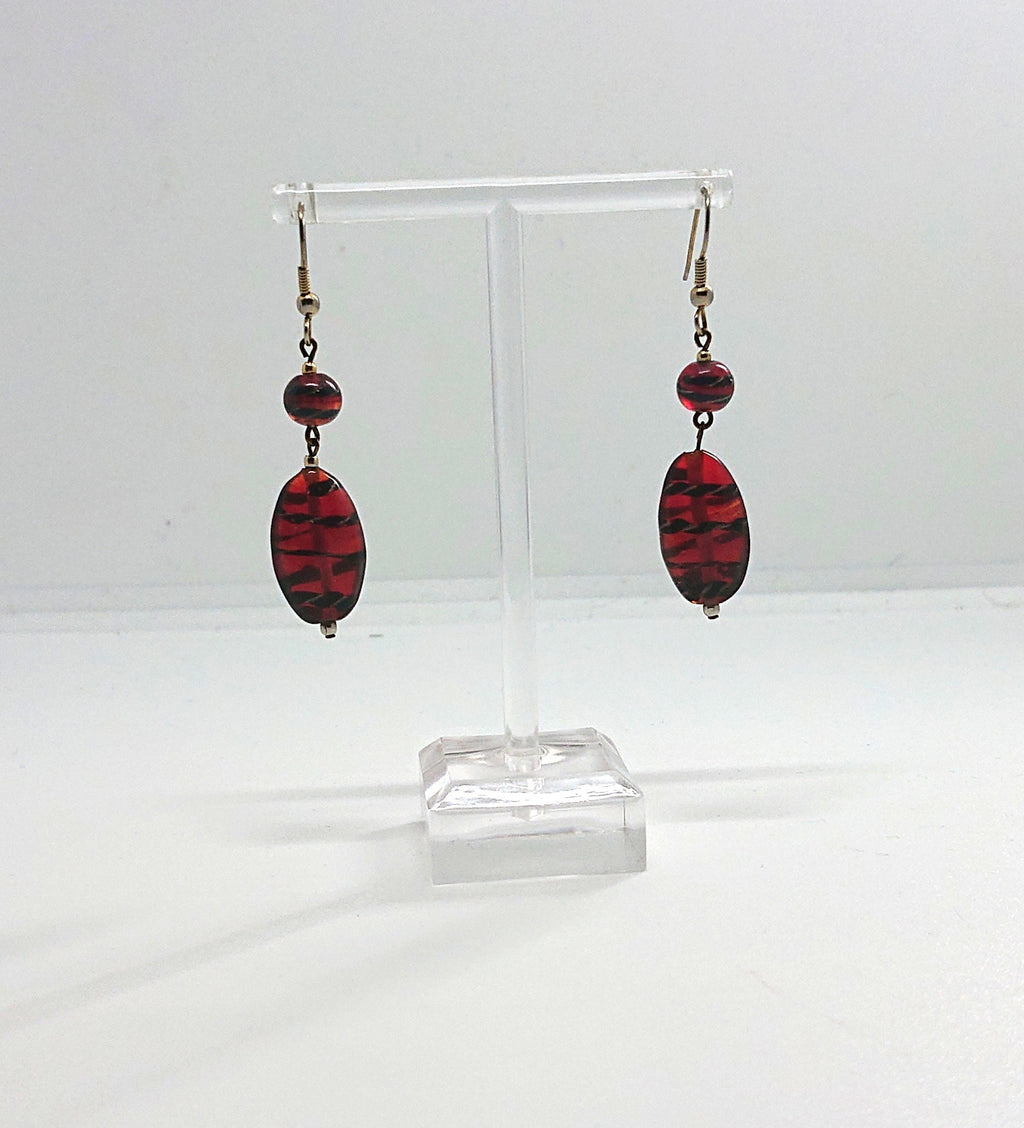 Glass Earrings Vintage Red and Black Striped Dangle Drop Costume Jewellery Jewelry