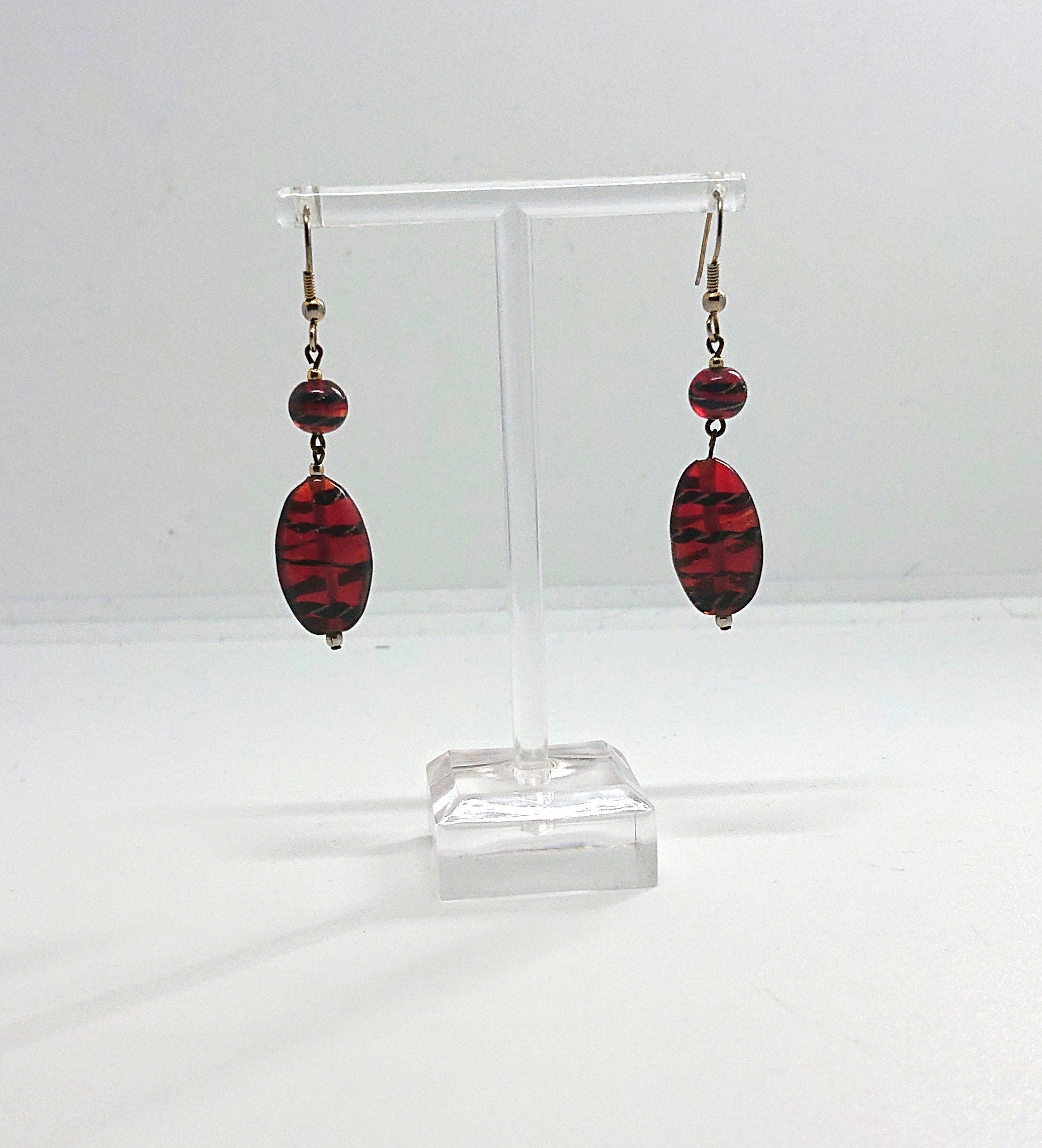 Glass Earrings Vintage Red and Black Striped Dangle Drop Costume Jewellery Jewelry