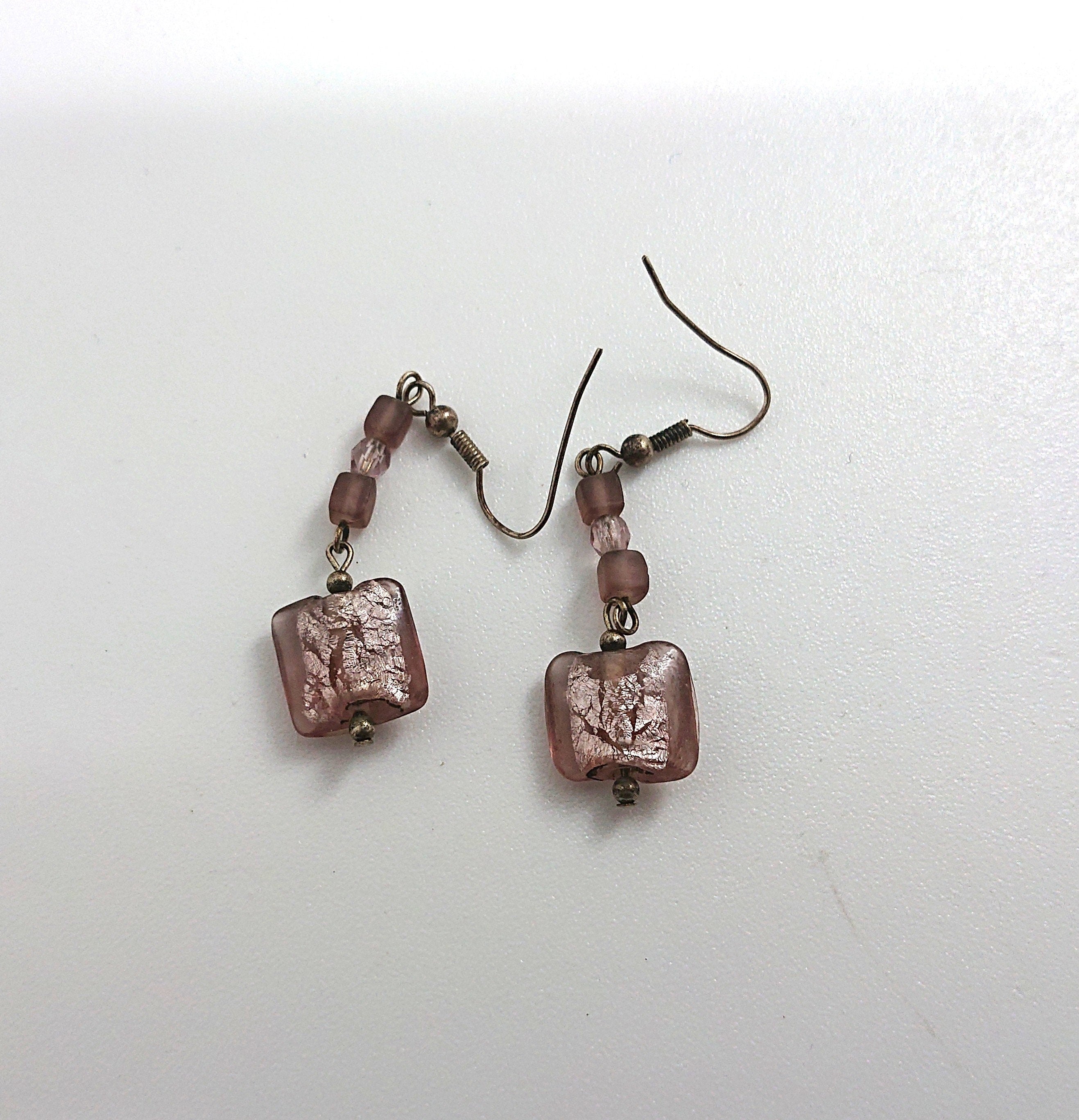 Foil Glass Earrings Vintage Murano Style Dangle Drop Pink and Silver Costume Jewellery Jewelry