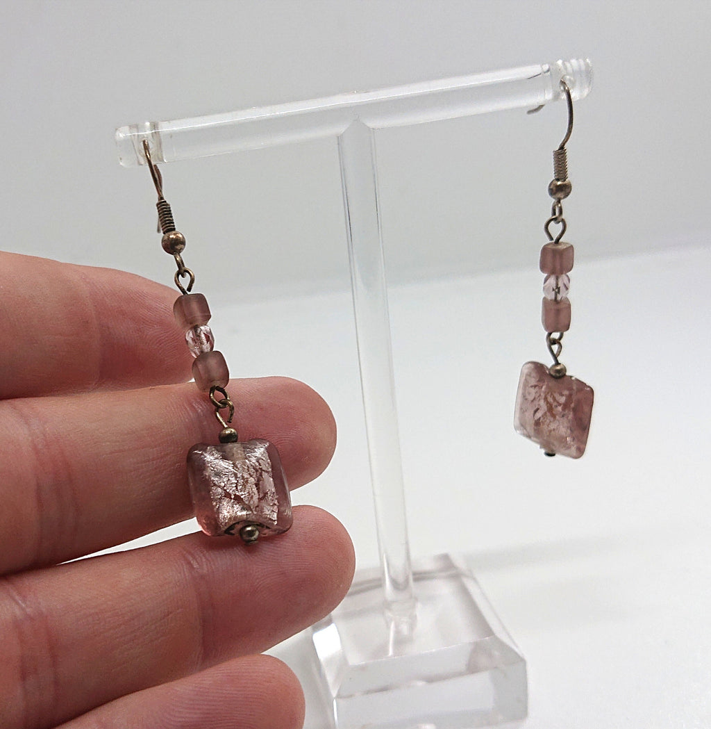 Foil Glass Earrings Vintage Murano Style Dangle Drop Pink and Silver Costume Jewellery Jewelry
