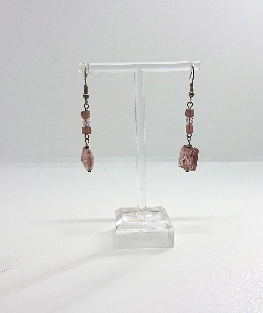 Foil Glass Earrings Vintage Murano Style Dangle Drop Pink and Silver Costume Jewellery Jewelry
