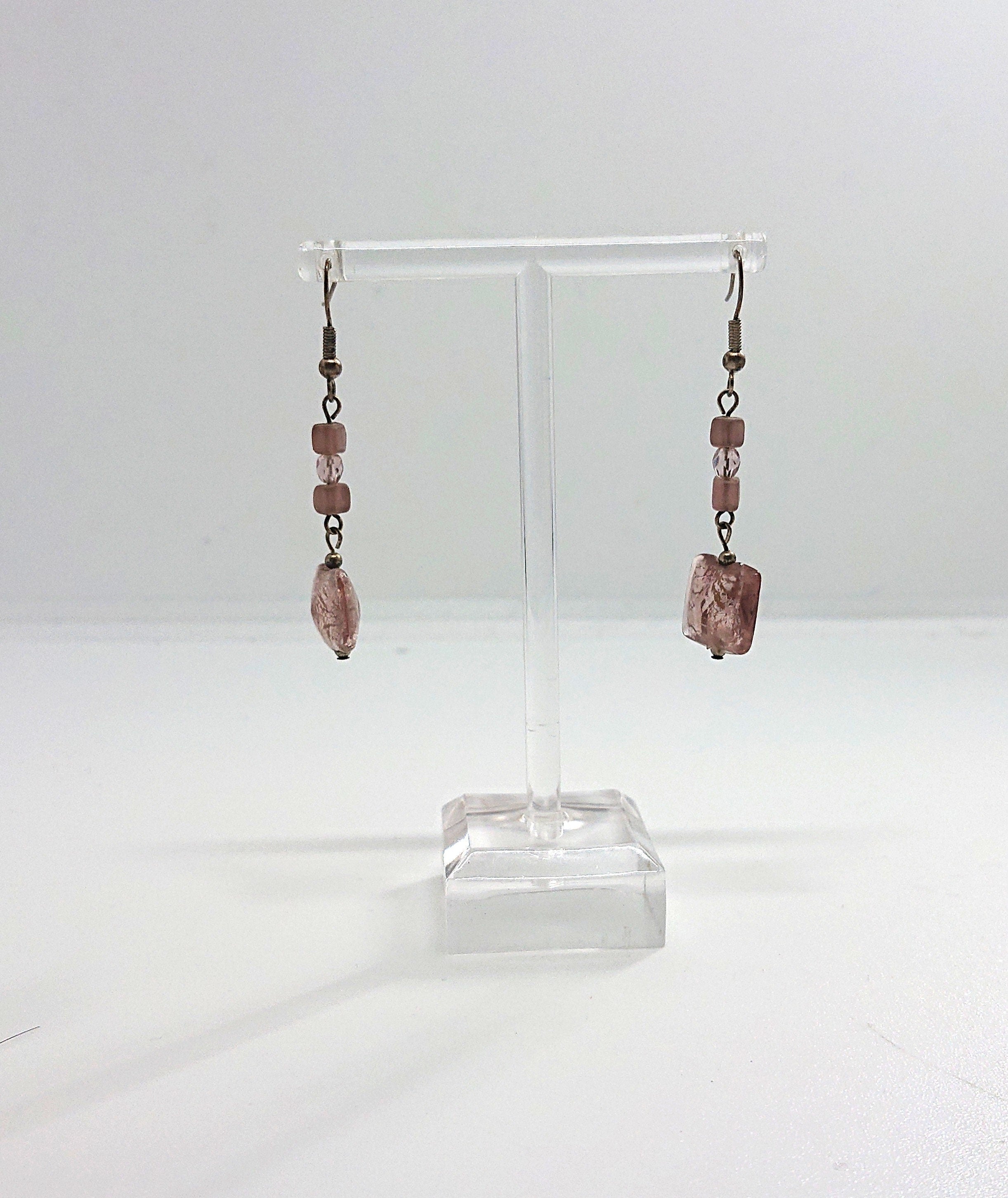 Foil Glass Earrings Vintage Murano Style Dangle Drop Pink and Silver Costume Jewellery Jewelry
