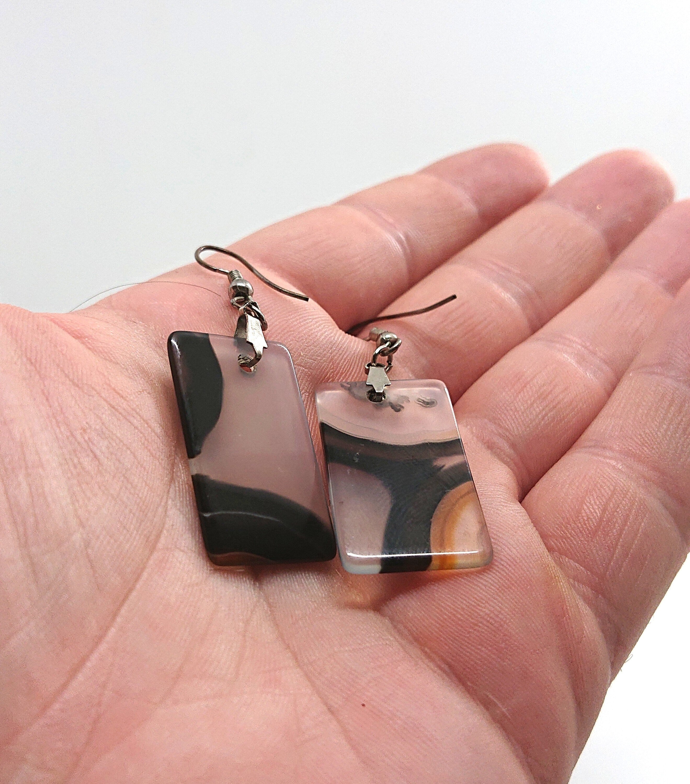 Vintage Square Earrings Dangle Drop Retro Glass Marbled Effect Costume Jewellery Jewelry