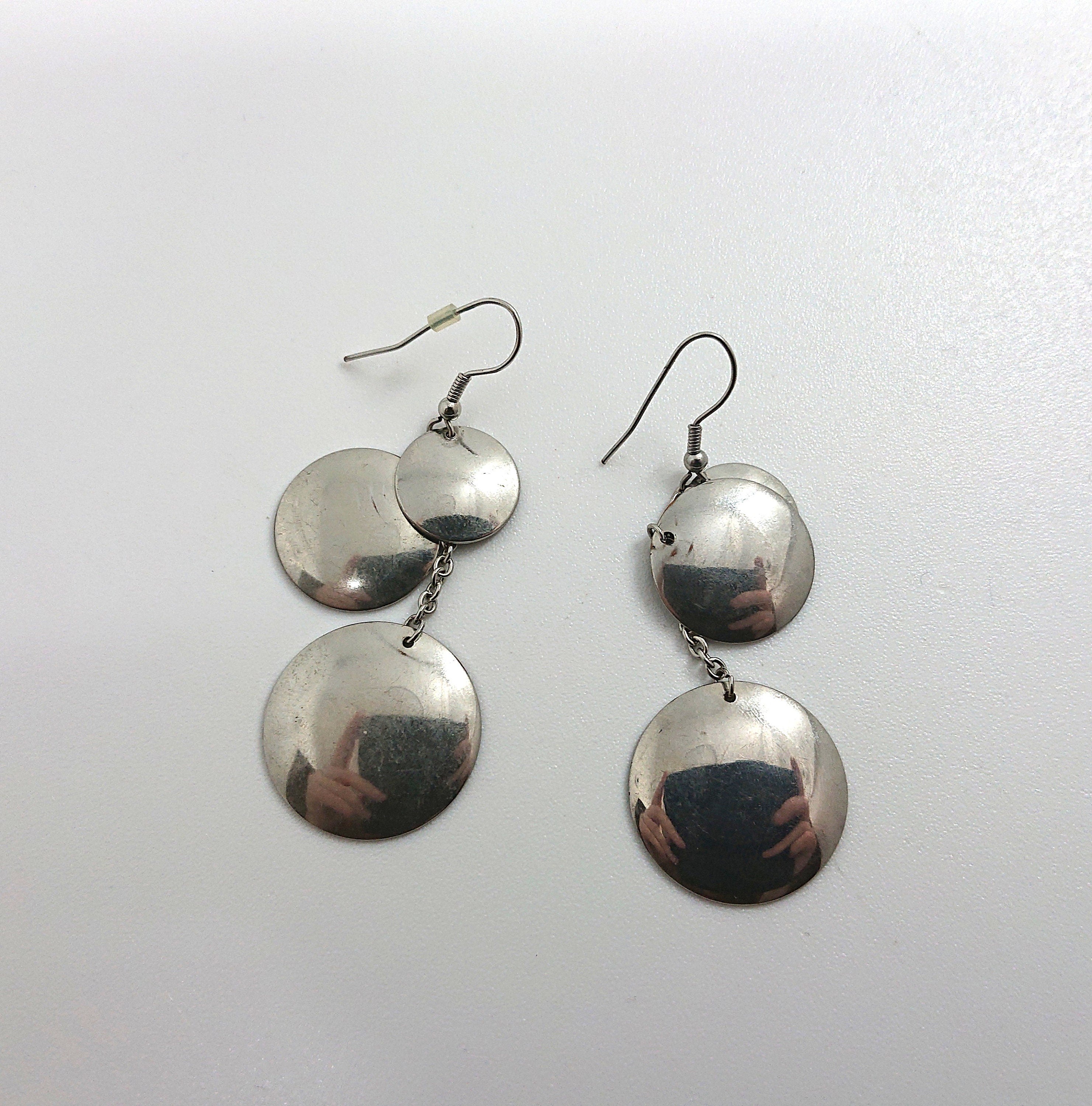 Earrings Vintage Silver Chrome Metal Dangle Drop Earrings Retro Disc Industrial Hook Earrings Costume Jewellery Jewelry