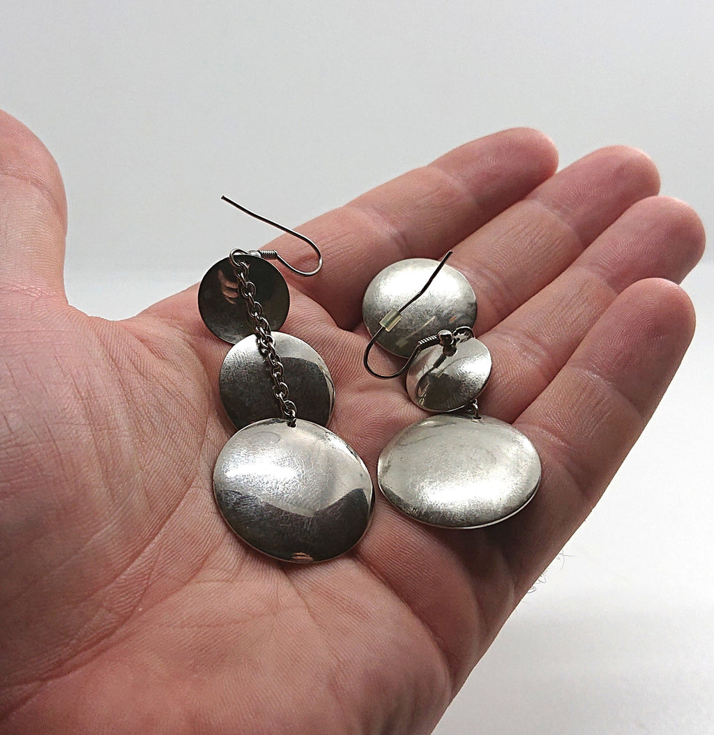 Earrings Vintage Silver Chrome Metal Dangle Drop Earrings Retro Disc Industrial Hook Earrings Costume Jewellery Jewelry