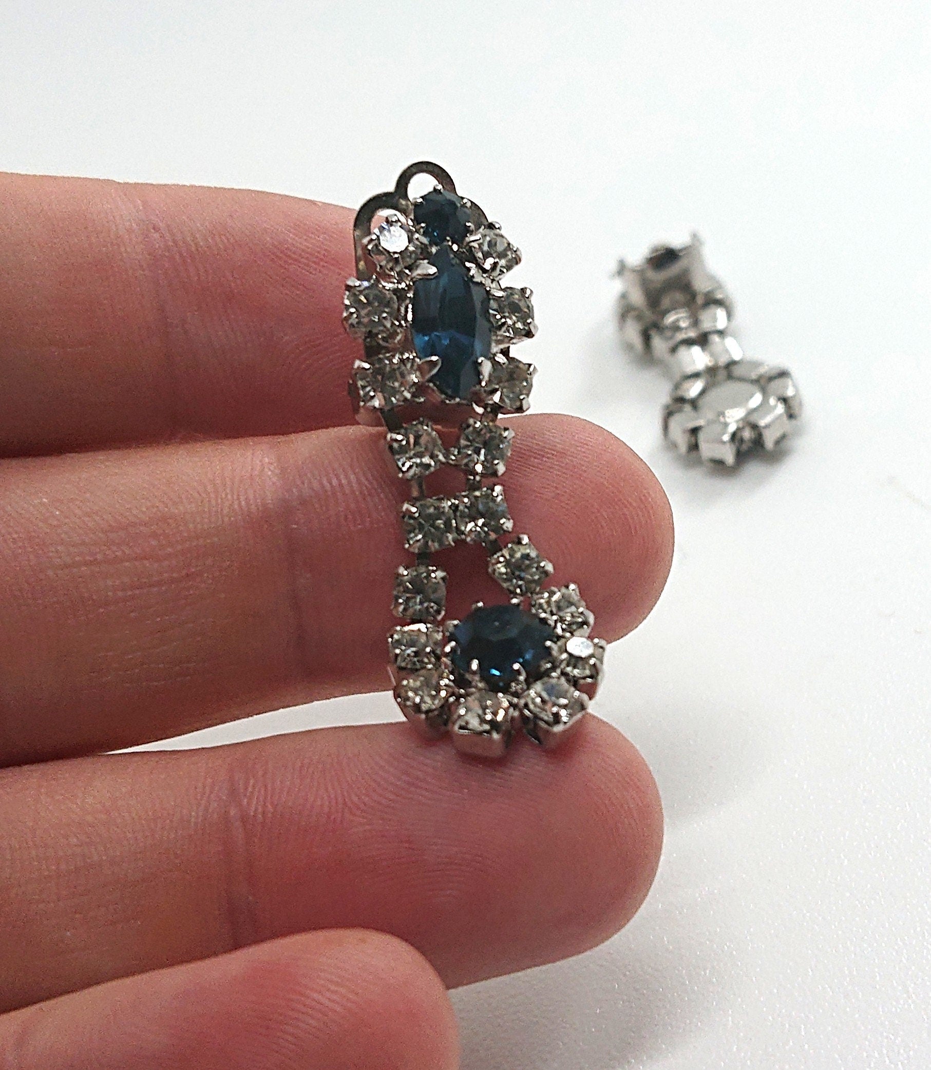 Vintage Sapphire Rhinestone Drop Earrings, Gold Tone Costume Jewelry