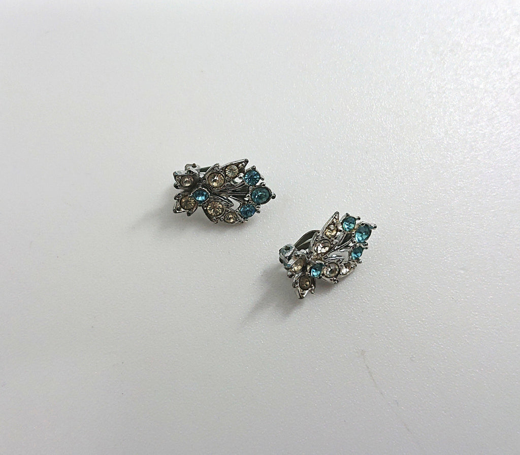 Vintage Earrings Floral Earrings clip on Sapphire and Diamond Rhinestone Costume Jewellery Jewelry Gift for Her