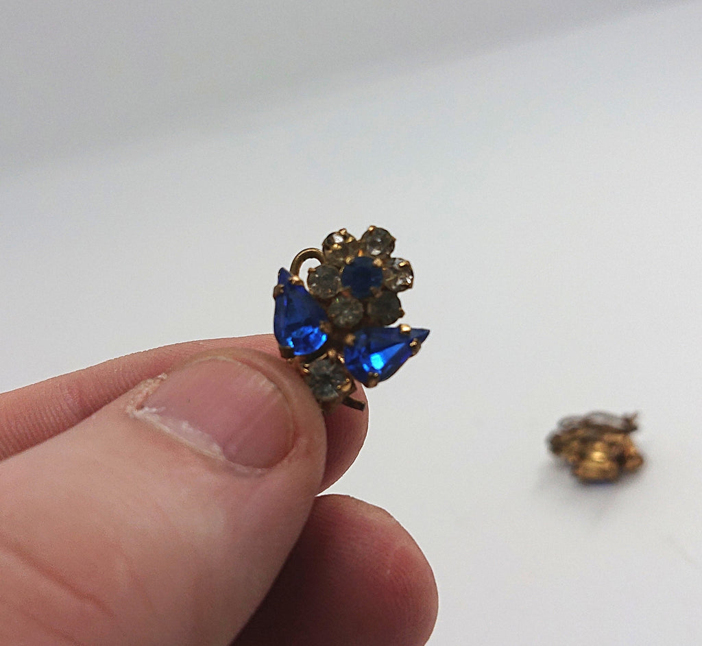 Vintage Earrings Floral Earrings clip on Sapphire and Diamond Rhinestone Costume Jewellery Jewelry Gift for Her