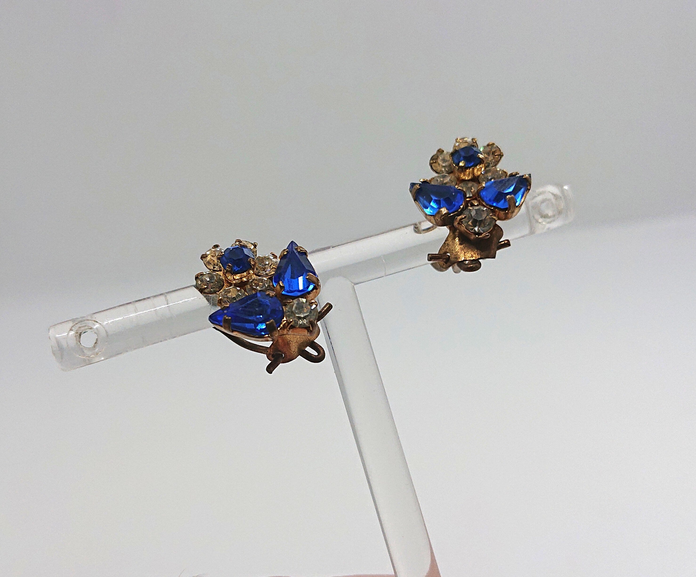 Vintage Earrings Floral Earrings clip on Sapphire and Diamond Rhinestone Costume Jewellery Jewelry Gift for Her
