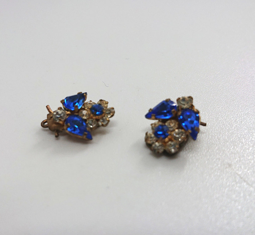 Vintage Earrings Floral Earrings clip on Sapphire and Diamond Rhinestone Costume Jewellery Jewelry Gift for Her