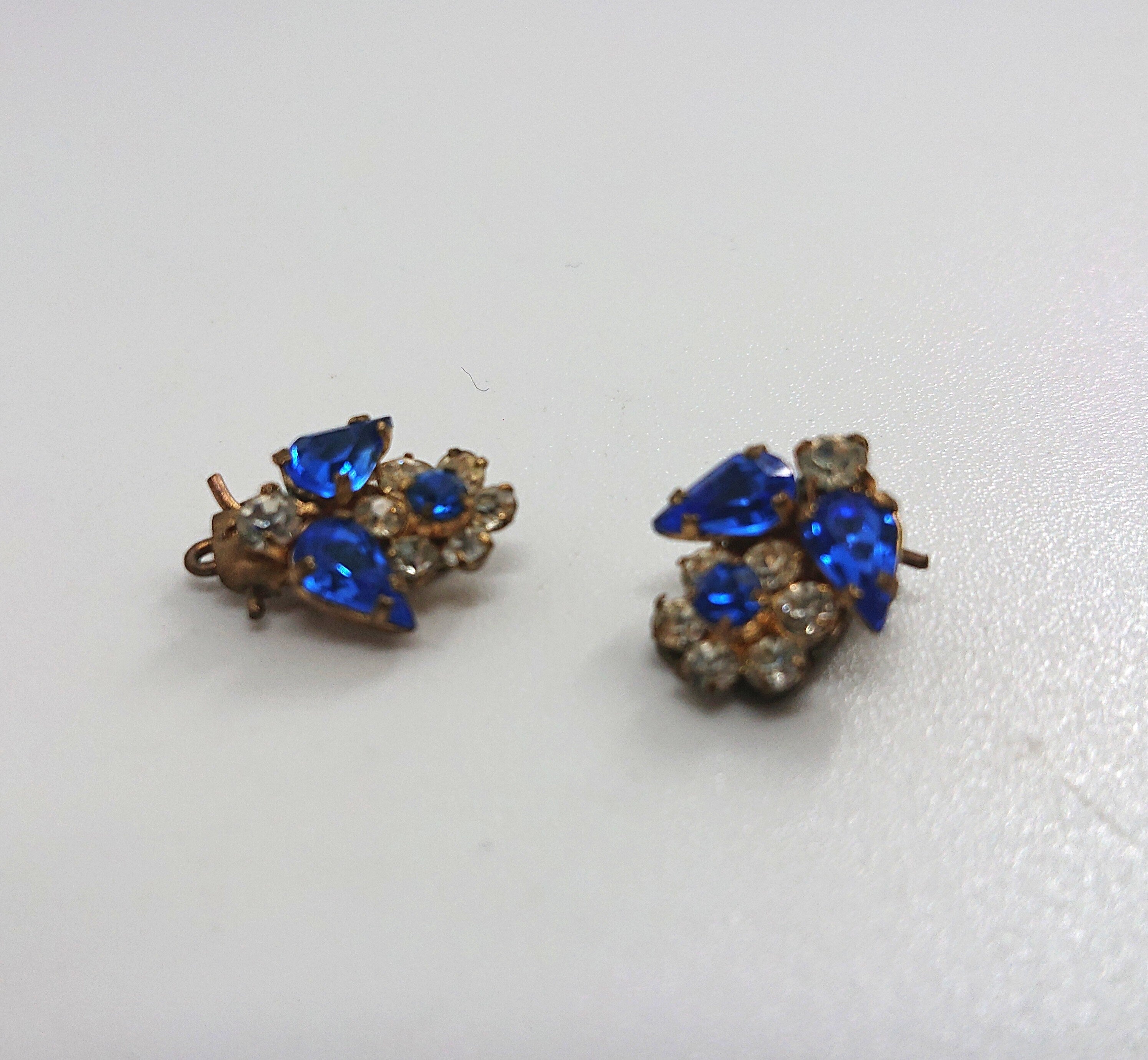 Vintage Earrings Floral Earrings clip on Sapphire and Diamond Rhinestone Costume Jewellery Jewelry Gift for Her
