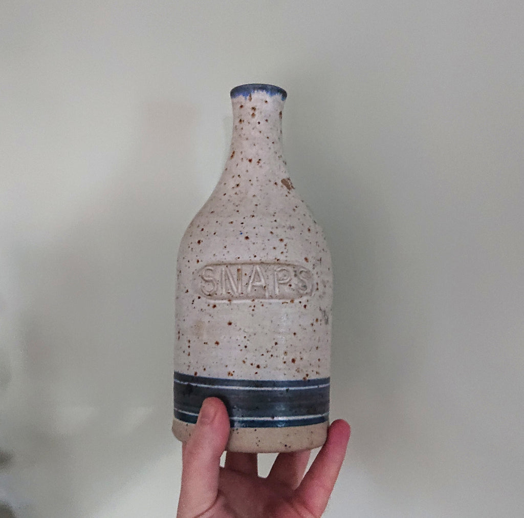 Vintage Snaps Stoneware Bottle SNAPS SCHNAPPS Flask Bottle Denmark Pottery 60s Blue and White Stoneware Jar and Container Flask