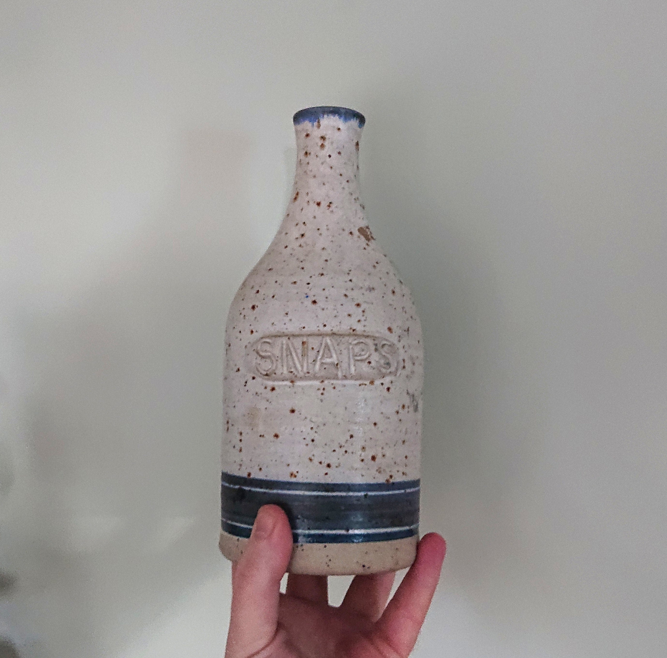 Vintage Snaps Stoneware Bottle SNAPS SCHNAPPS Flask Bottle Denmark Pottery 60s Blue and White Stoneware Jar and Container Flask
