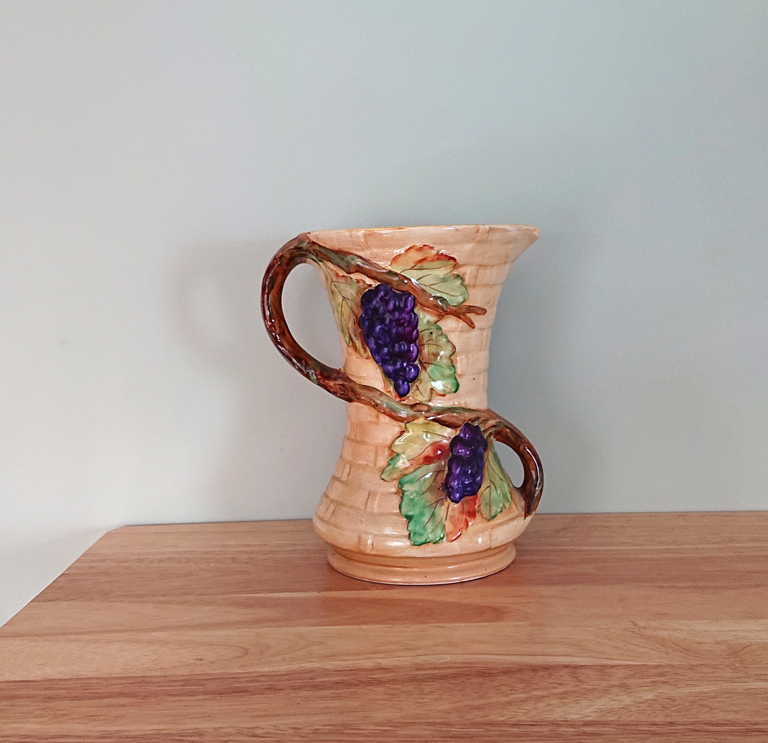 Vintage Jug Hand Painted Art Deco VINE Jug / Vase, Made in England Earthenware Pottery