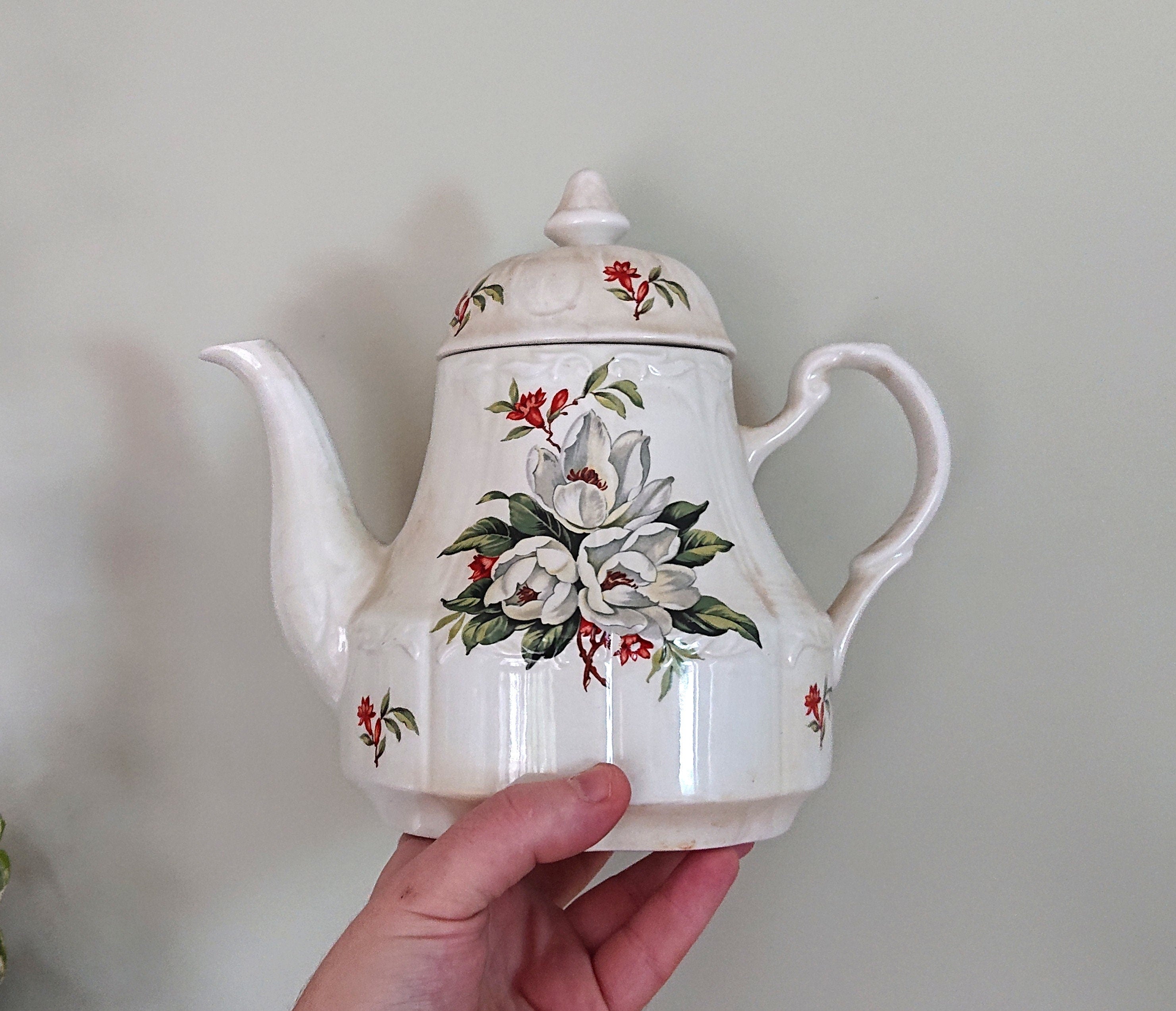 Vintage Floral Teapot White and Red Flowers Afternoon Tea Party Ceramic Teapot Large Decorative Ornamental Teapot Gift