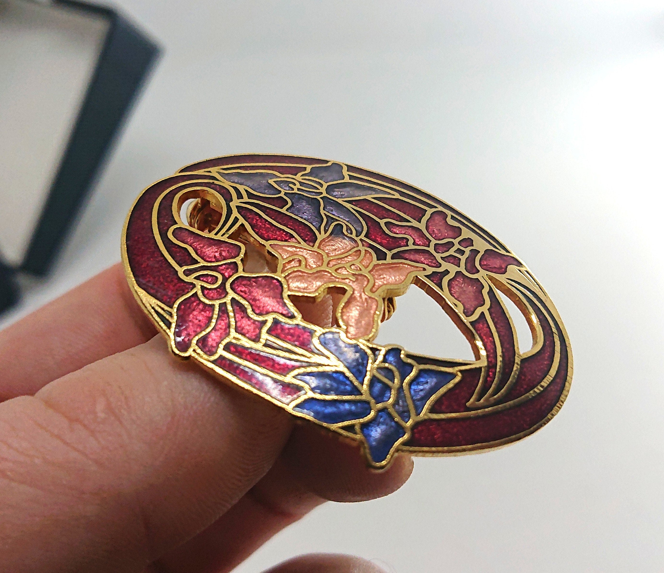 Vintage Brooch Pin Floral Cloisonné Enamel Gold Tone Costume Jewellery Jewelery Boxed Blue Enamel Brooch