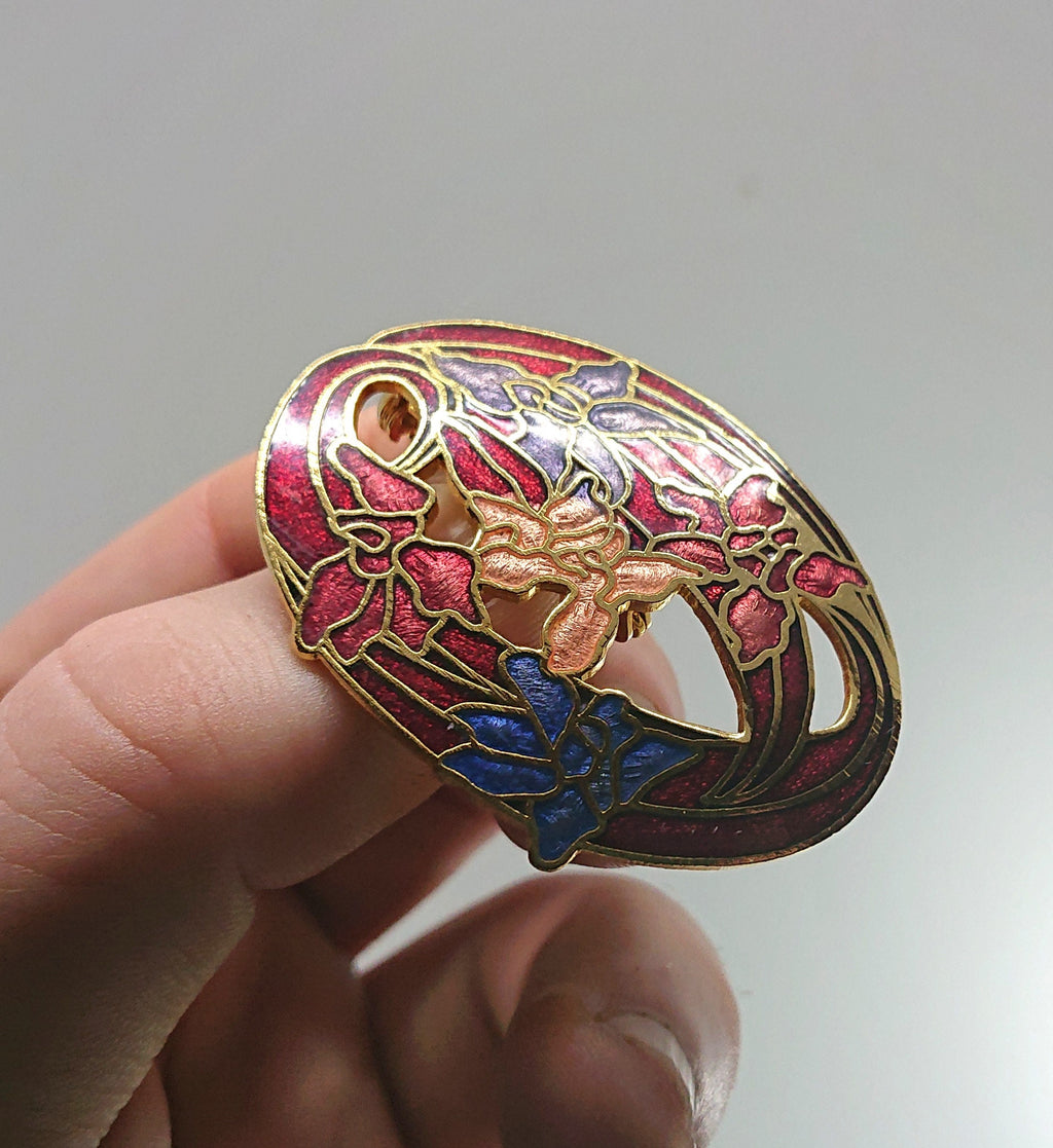 Vintage Brooch Pin Floral Cloisonné Enamel Gold Tone Costume Jewellery Jewelery Boxed Blue Enamel Brooch