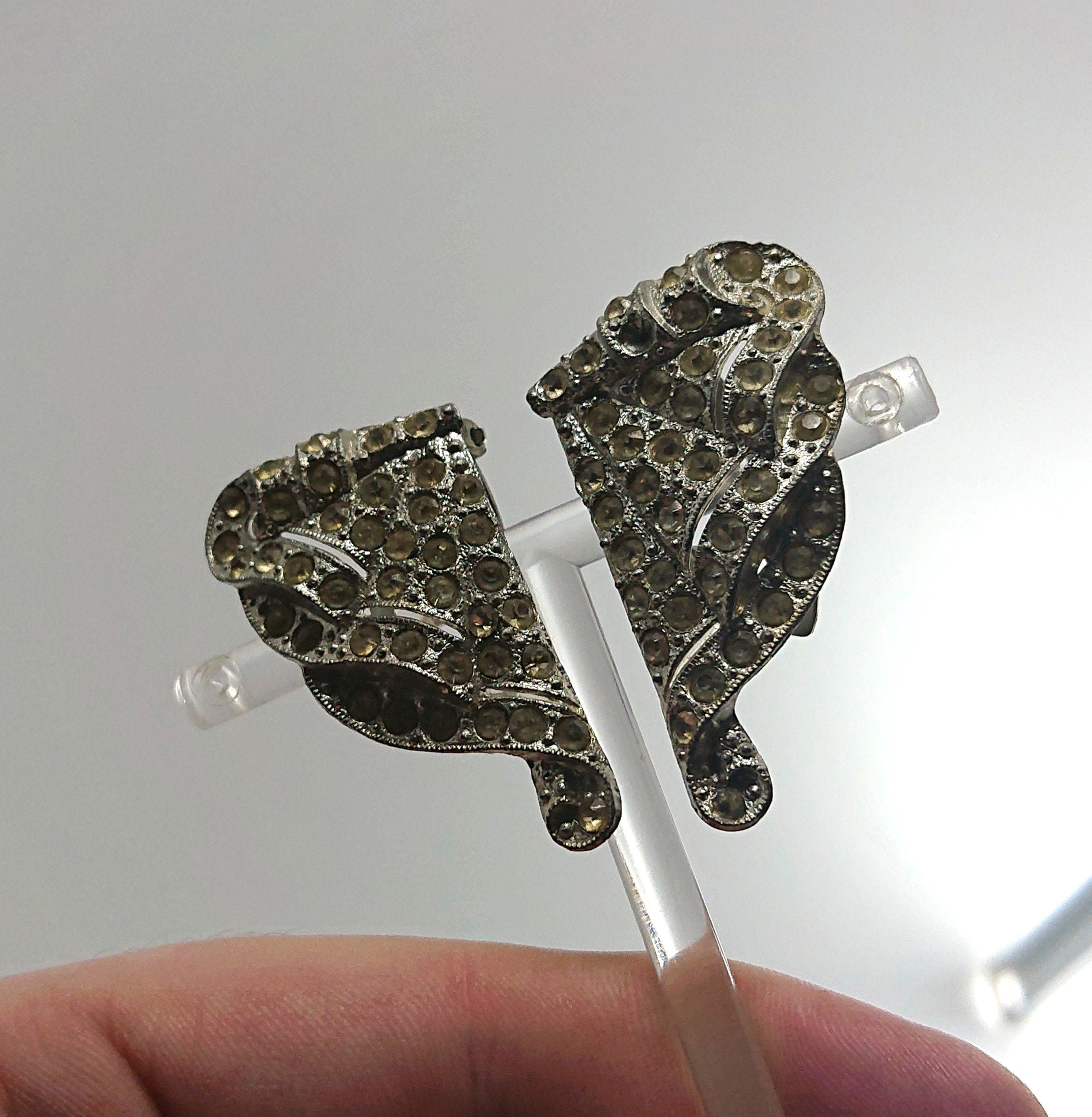 Art Deco Earrings Diamond Rhinestone Clip on Diamante Silver Costume Jewellery Jewelry Gift for Her Vintage Deco Earrings Chunky