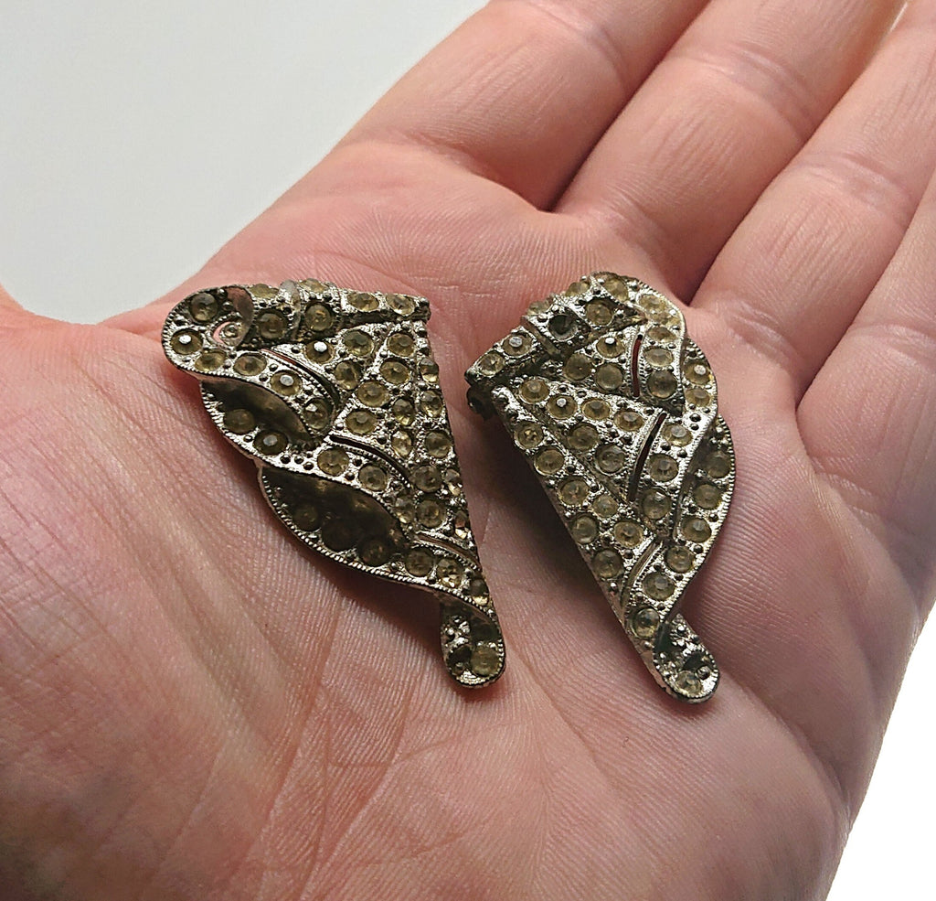 Art Deco Earrings Diamond Rhinestone Clip on Diamante Silver Costume Jewellery Jewelry Gift for Her Vintage Deco Earrings Chunky