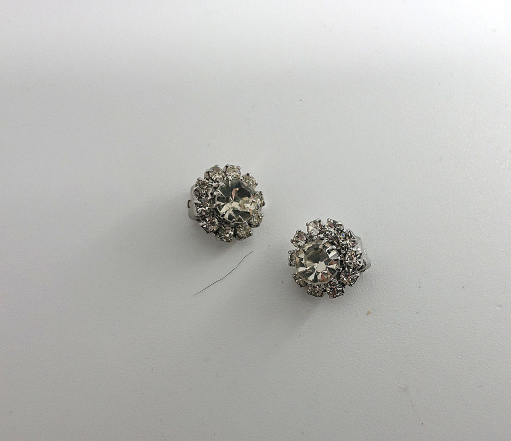Vintage Rhinestone Crystal Clip On Earrings, Silver Tone Costume Jewelry