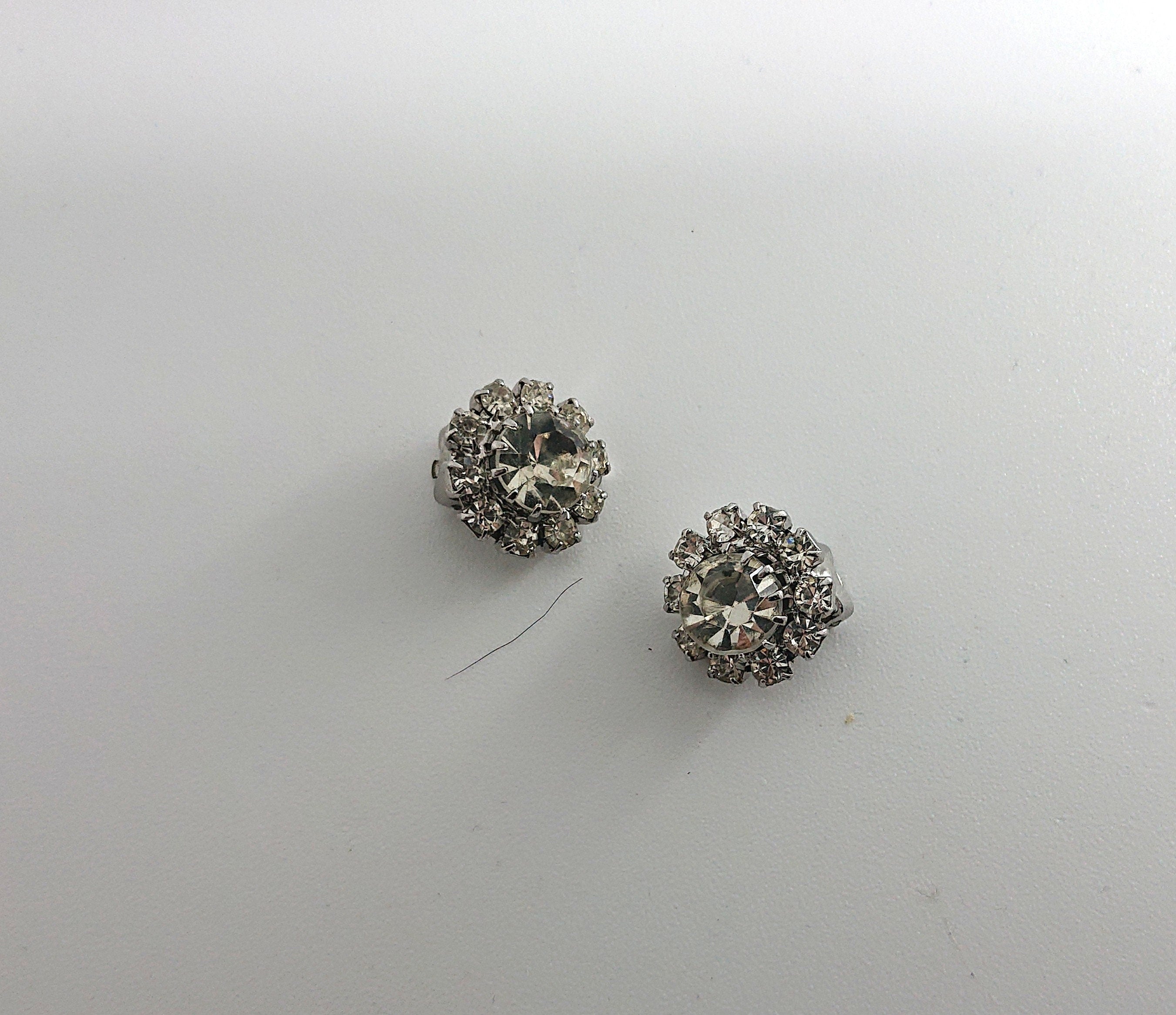 Vintage Rhinestone Crystal Clip On Earrings, Silver Tone Costume Jewelry
