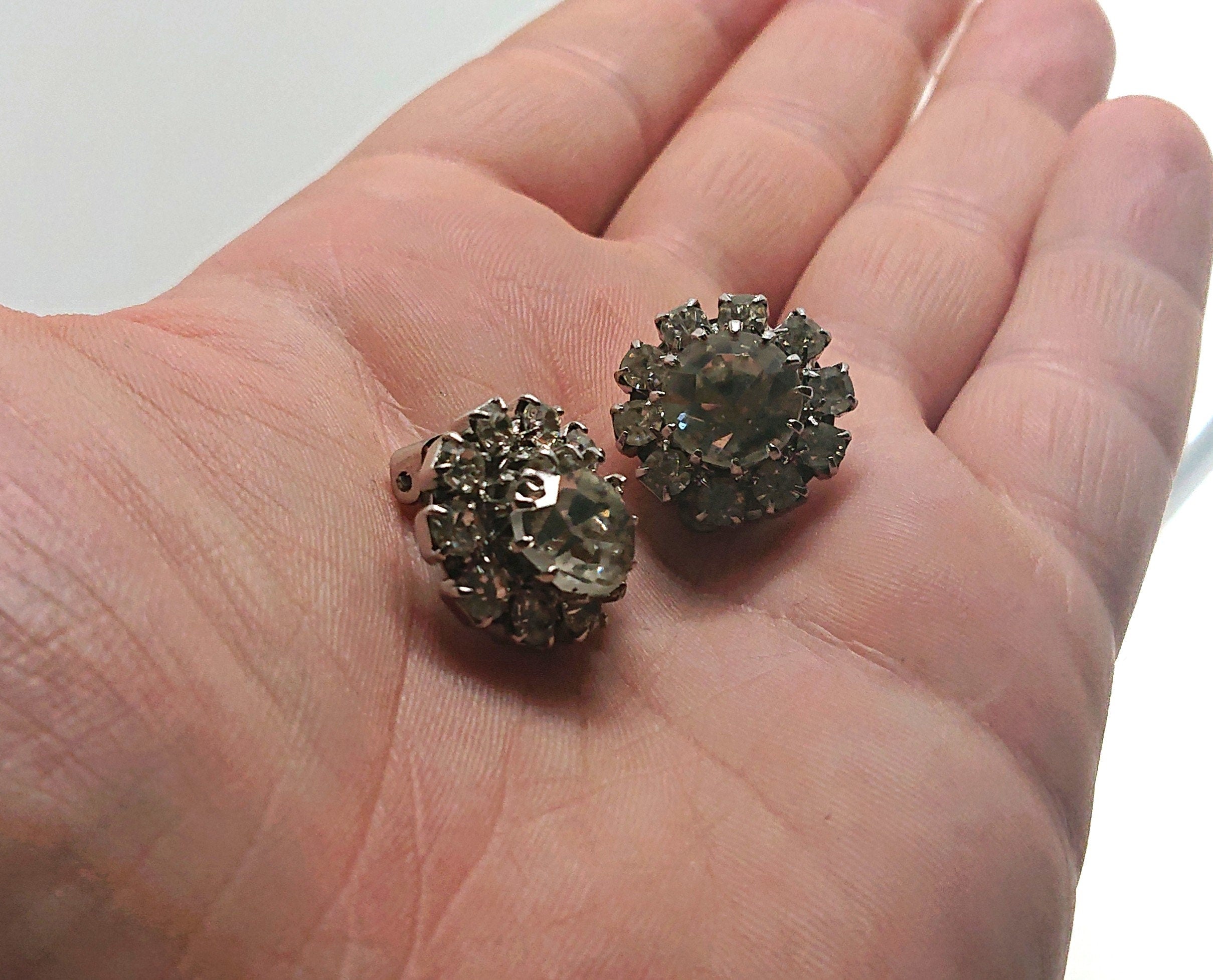 Vintage Rhinestone Crystal Clip On Earrings, Silver Tone Costume Jewelry