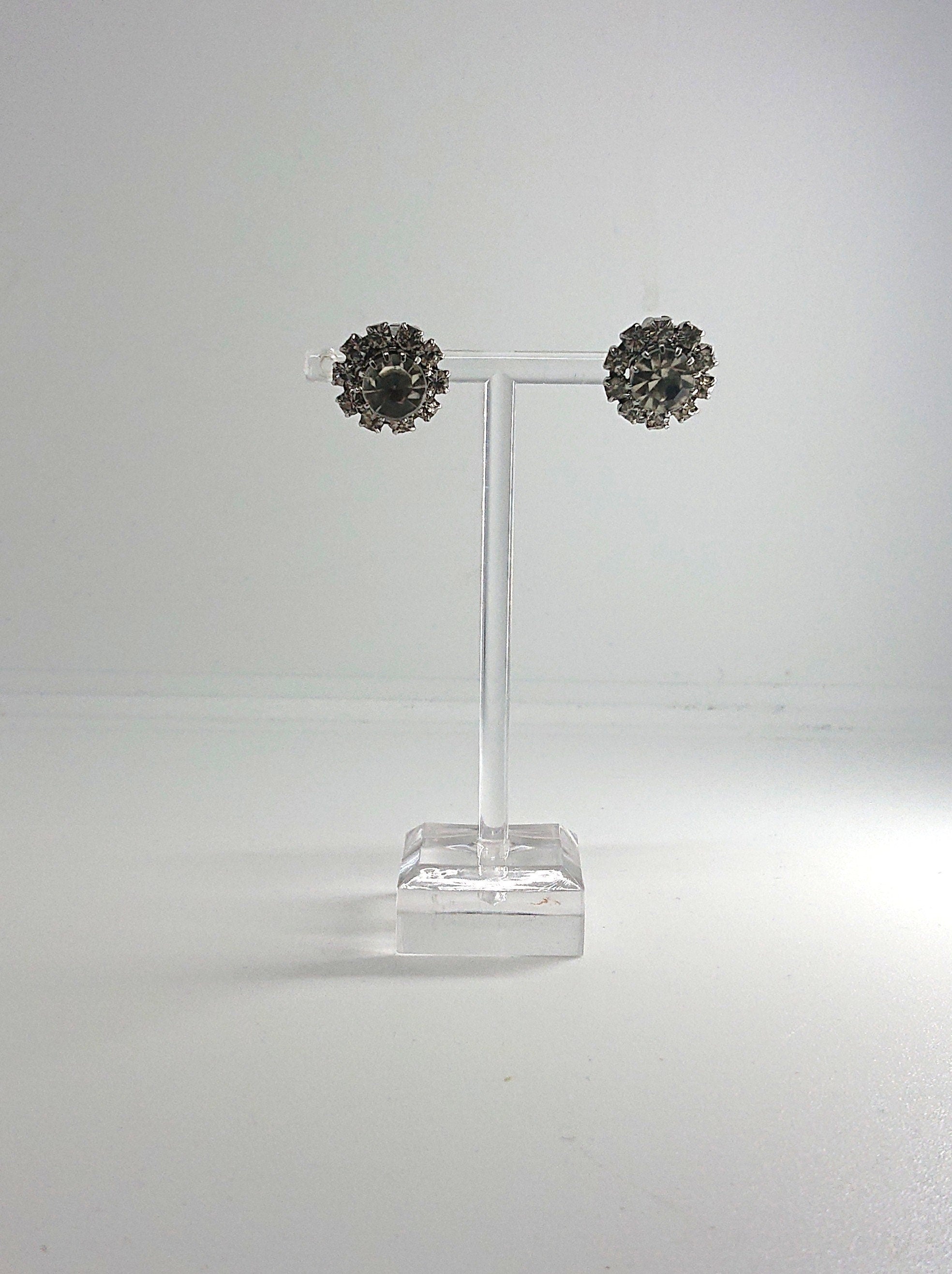Vintage Rhinestone Crystal Clip On Earrings, Silver Tone Costume Jewelry