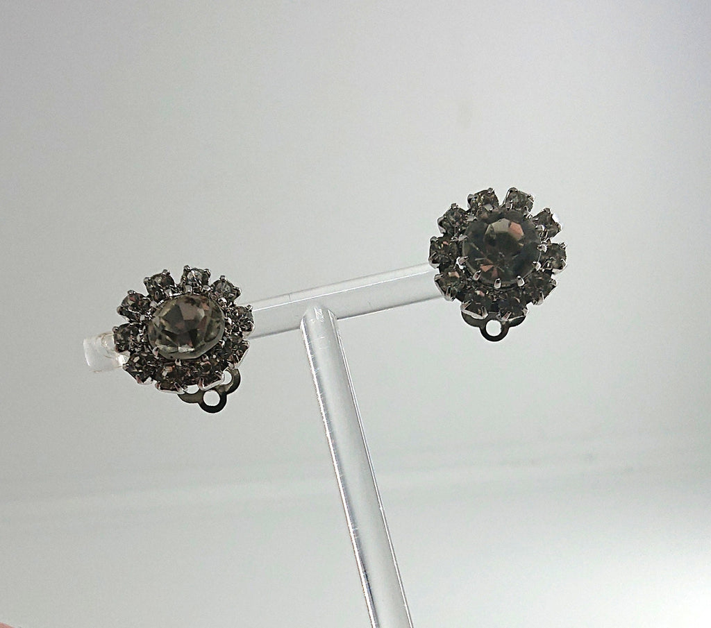 Vintage Rhinestone Crystal Clip On Earrings, Silver Tone Costume Jewelry