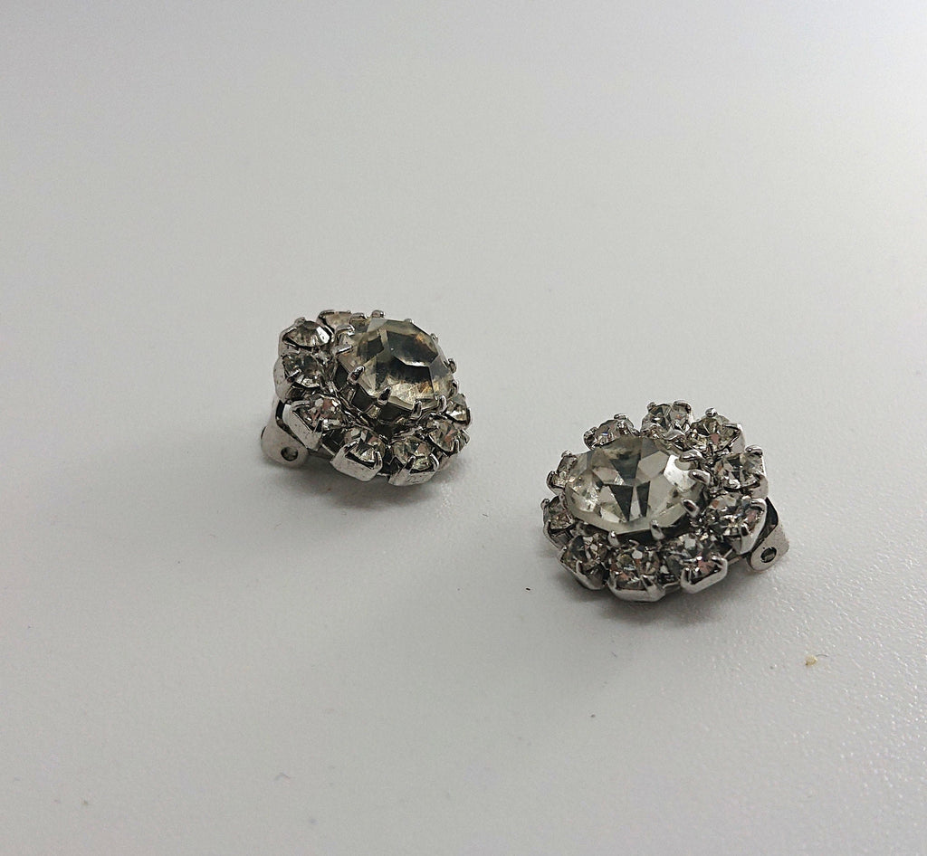 Vintage Rhinestone Crystal Clip On Earrings, Silver Tone Costume Jewelry