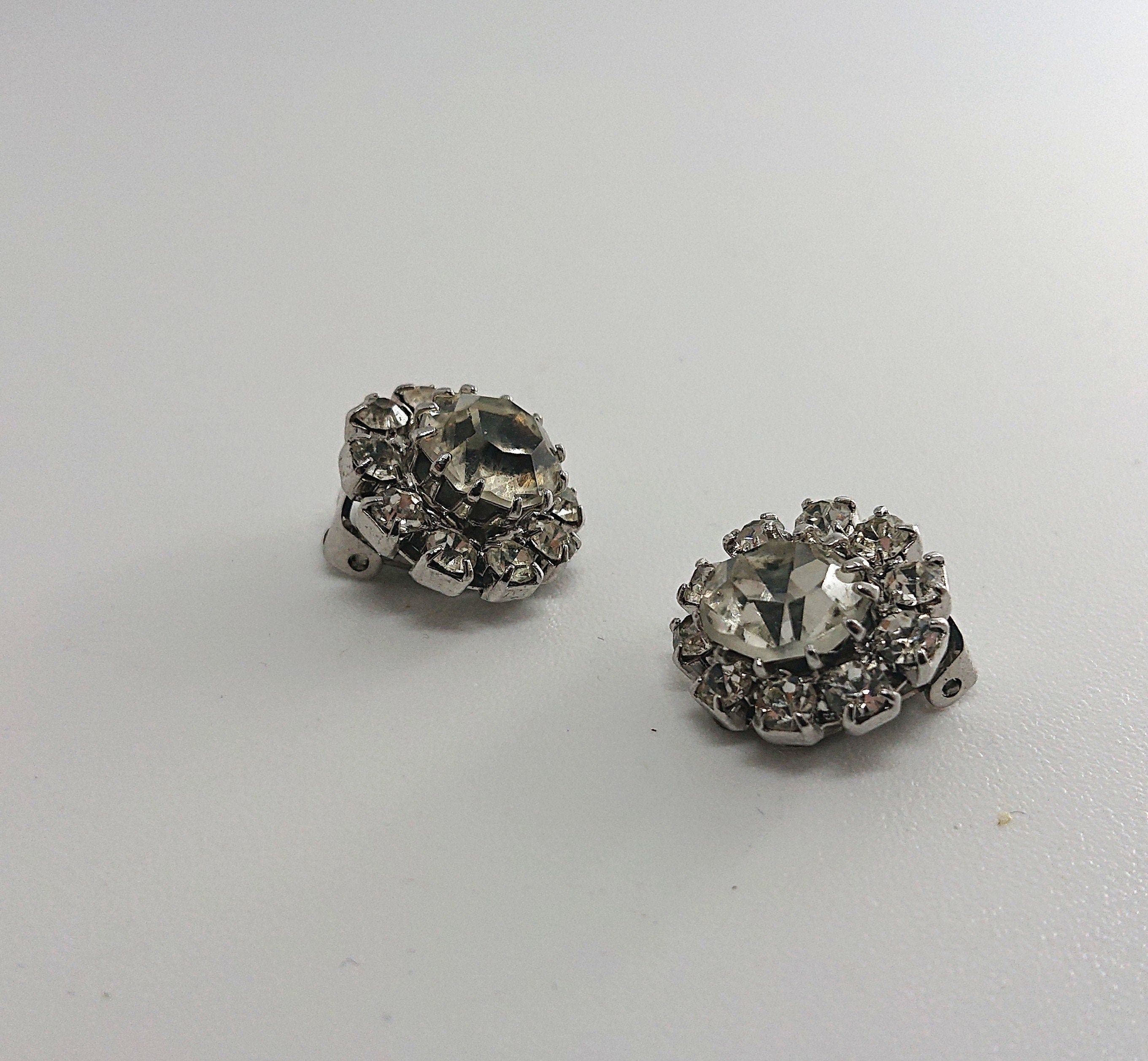 Vintage Rhinestone Crystal Clip On Earrings, Silver Tone Costume Jewelry
