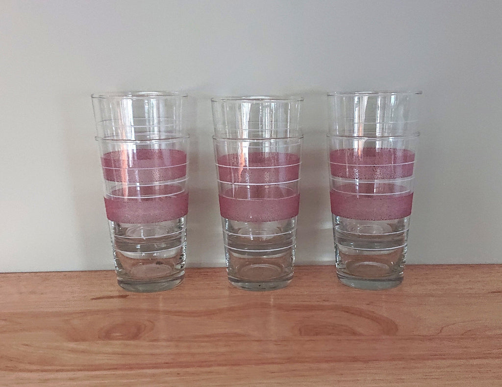 Vintage Frosted Drinking Glasses Water Tumbler Retro Pink Frosted 60's Drinking Glasses Set of 6 Cocktail Glasses Pitcher