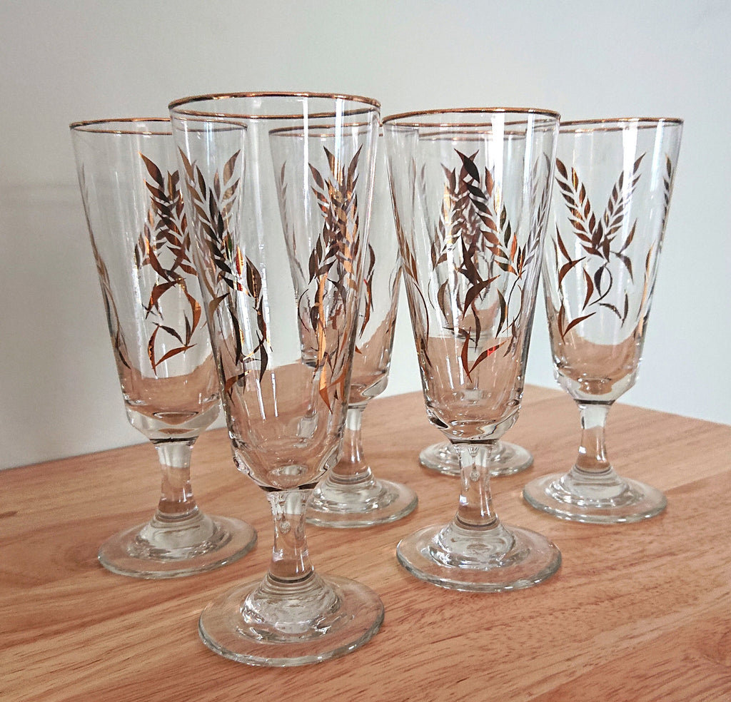 Vintage 1960s Gold Leaf Liqueur Glasses, Retro Sherry Glass Set