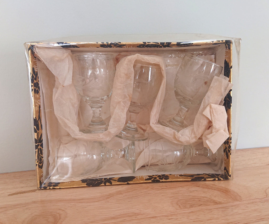 Vintage Boxed Sherry Glasses Etched Floral Fruit Mid Century Retro Sherry Shot Glasses Shooters Vintage Barware