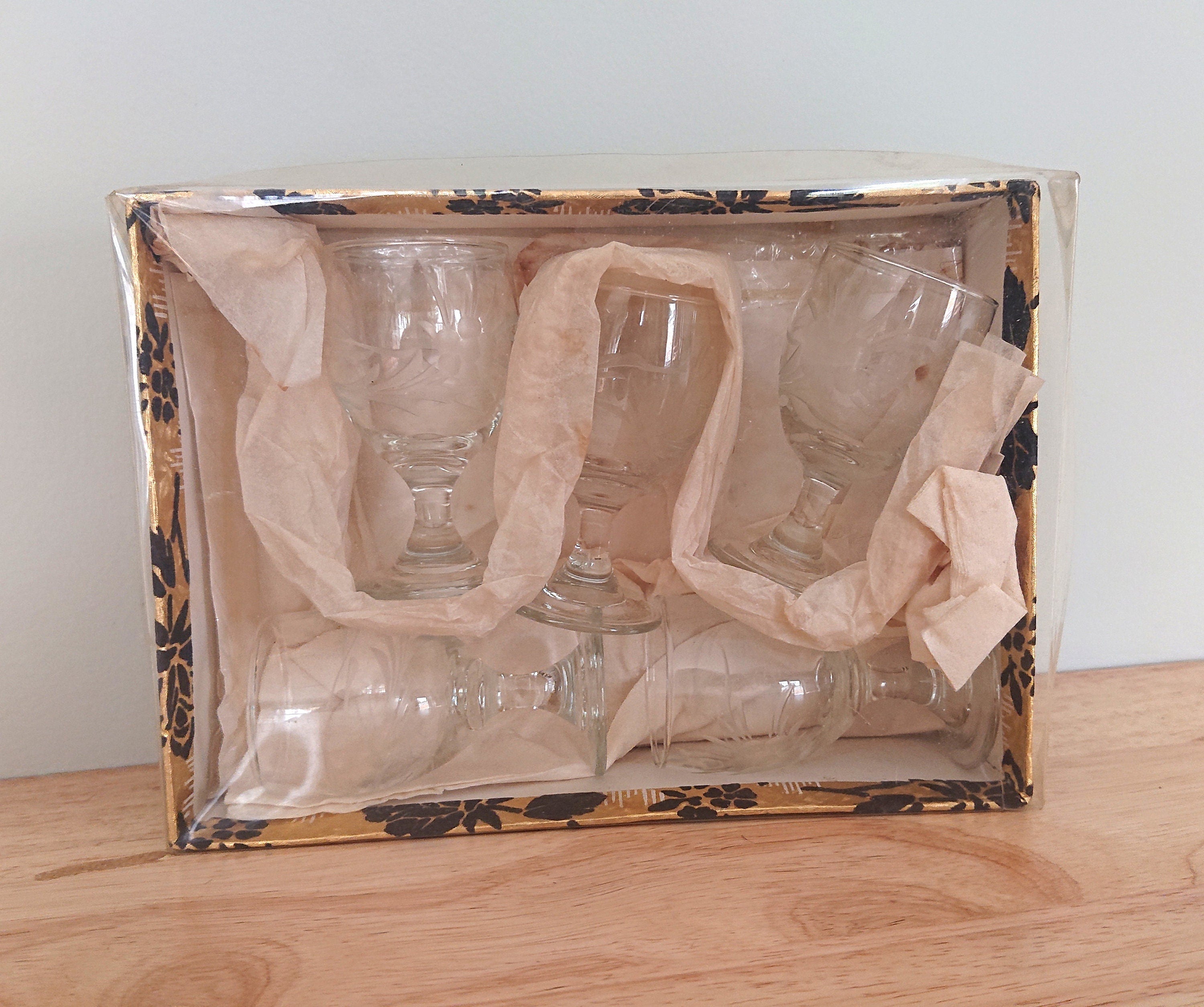 Vintage Boxed Sherry Glasses Etched Floral Fruit Mid Century Retro Sherry Shot Glasses Shooters Vintage Barware