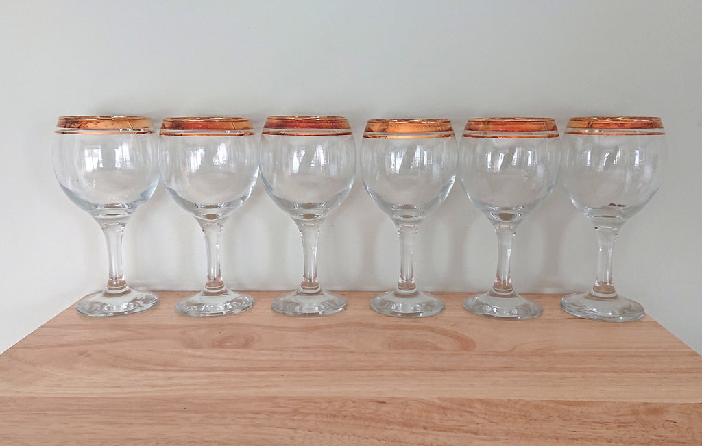 Vintage Gold Gilt Wine Glasses, Set of 6, 1970s Barware