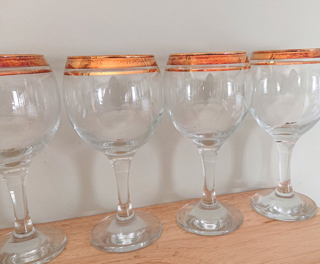 Vintage Gold Gilt Wine Glasses, Set of 6, 1970s Barware
