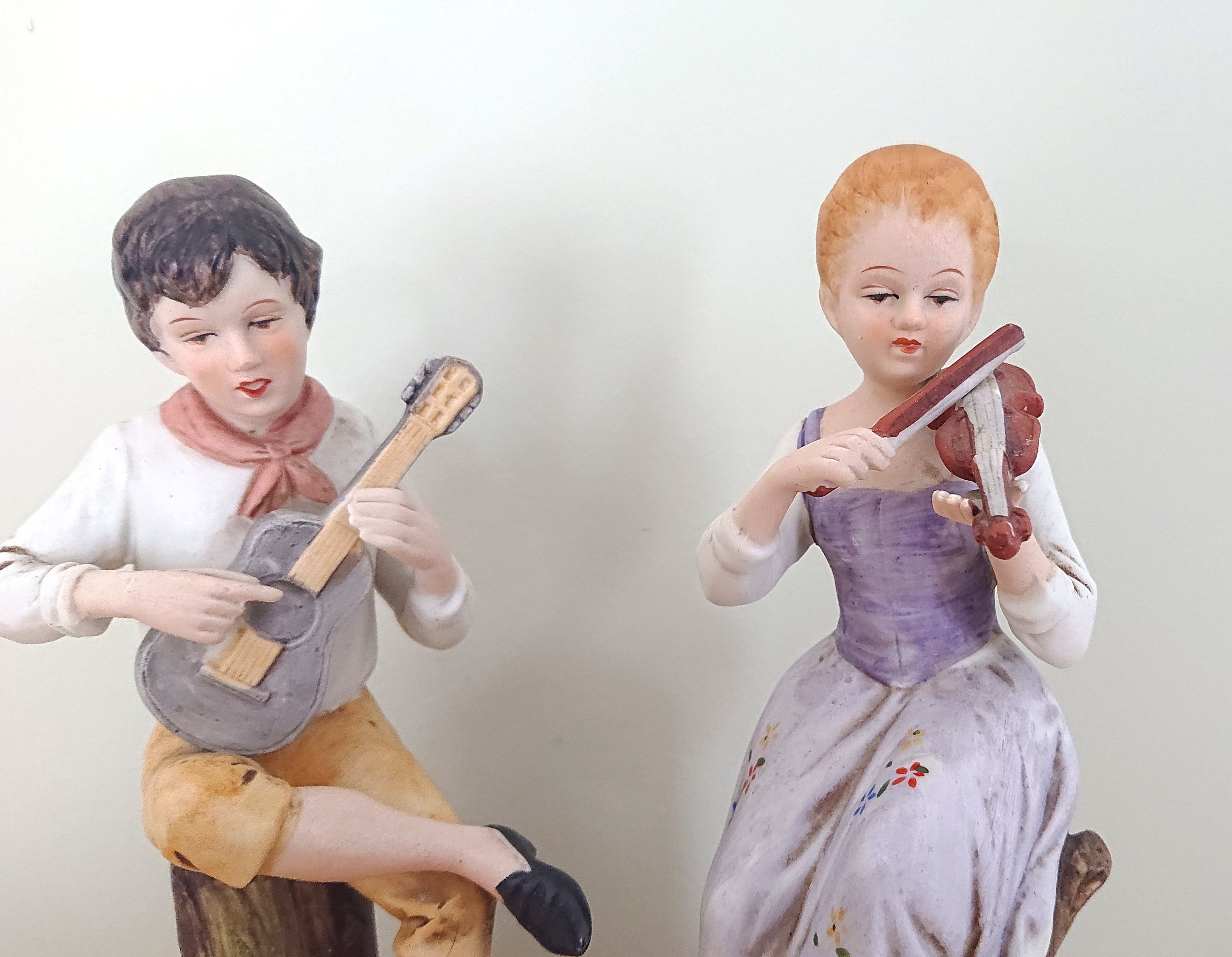 Vintage Boy and Girl Ceramic Figurine Pair Playing Instruments Decorative Ornamental Figures Cute Kitsch Statue
