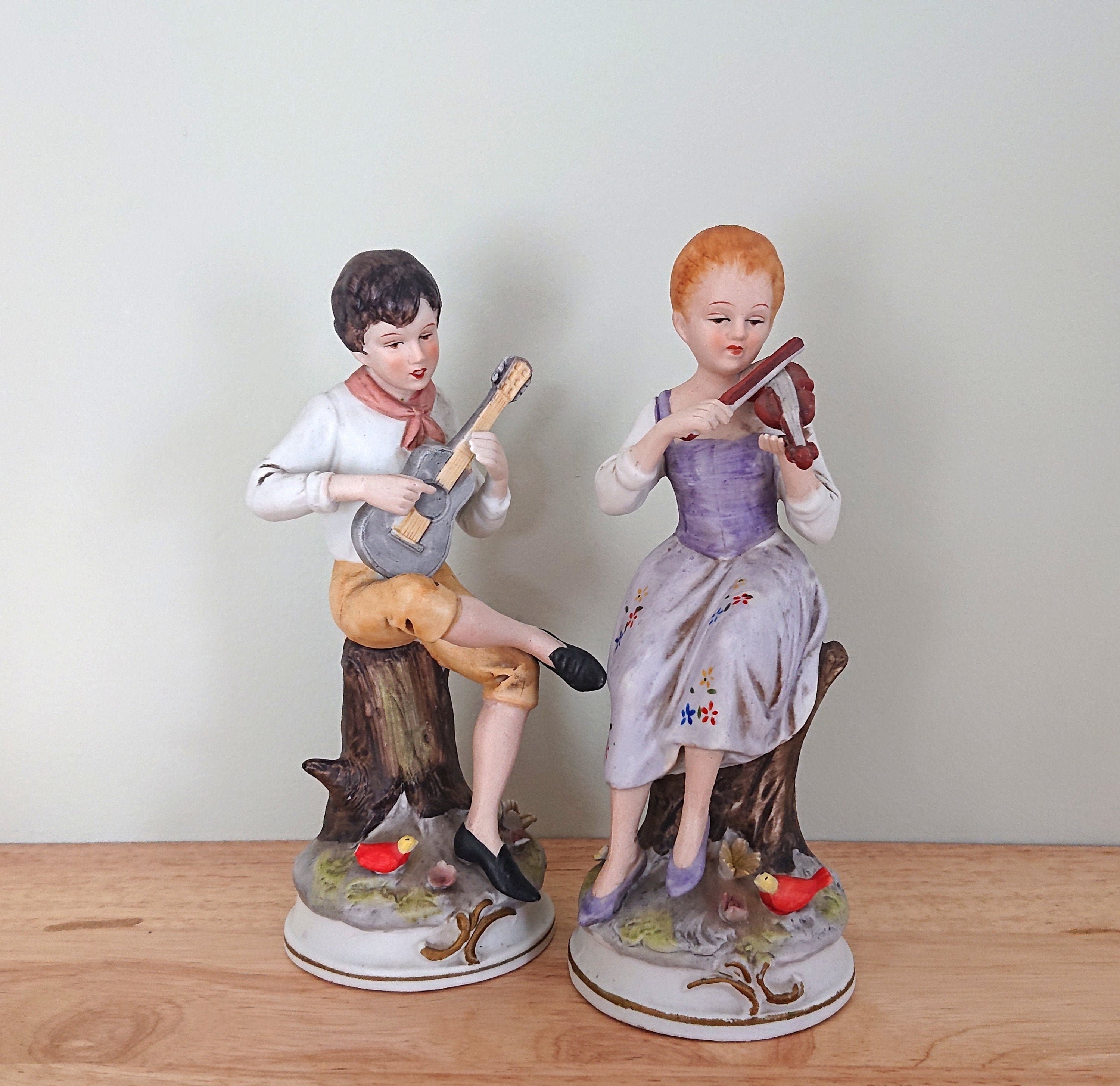 Vintage Boy and Girl Ceramic Figurine Pair Playing Instruments Decorative Ornamental Figures Cute Kitsch Statue
