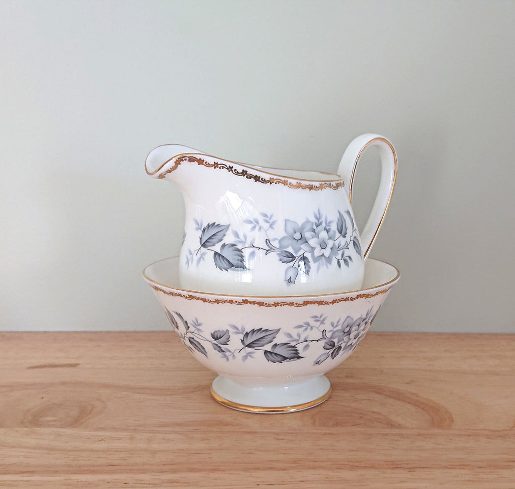 Vintage Milk Jug and Sugar Bowl Royal Tuscan Fine Bone China Made in England Blue and White Porcelain Afternoon Tea Gold Gilt