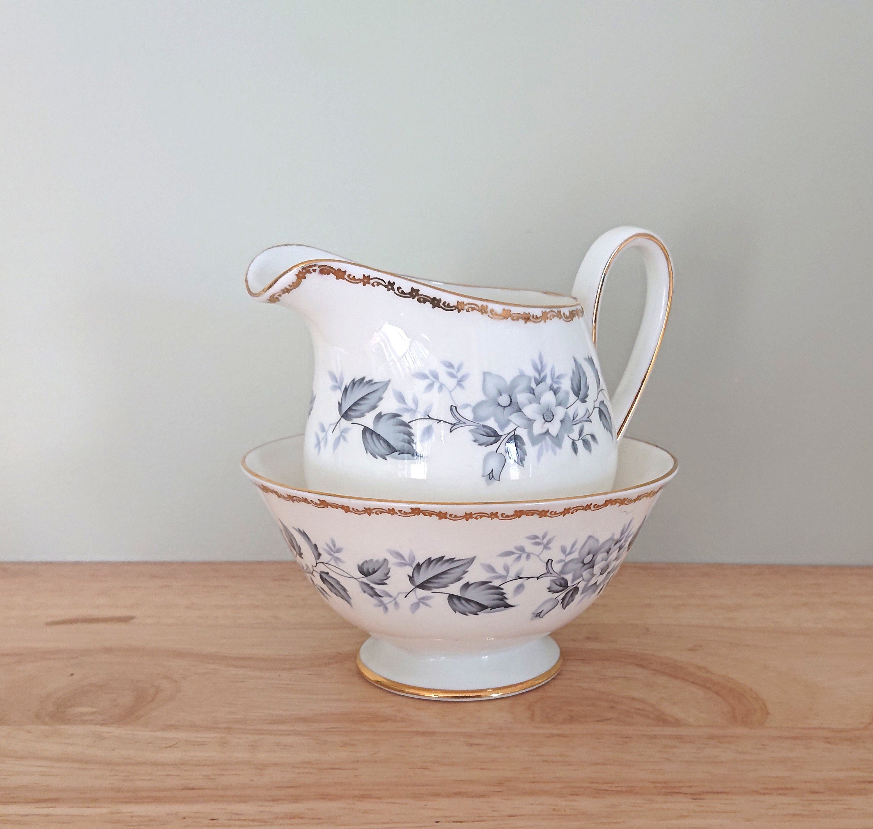 Vintage Milk Jug and Sugar Bowl Royal Tuscan Fine Bone China Made in England Blue and White Porcelain Afternoon Tea Gold Gilt